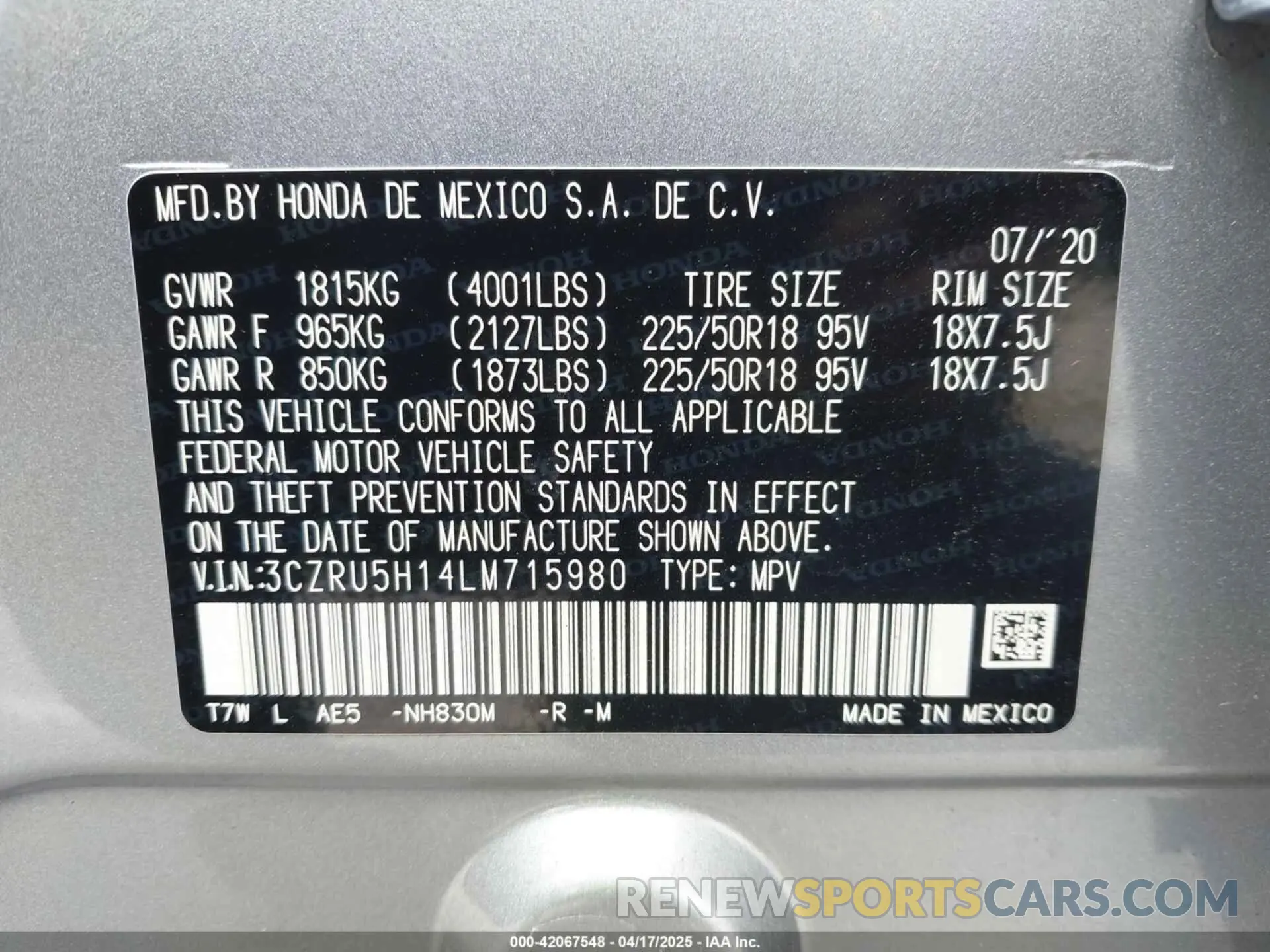 9 Photograph of a damaged car 3CZRU5H14LM715980 HONDA HR-V 2020