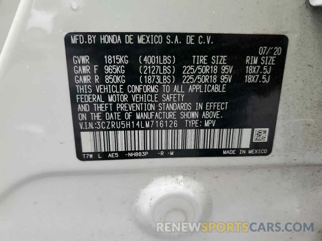 15 Photograph of a damaged car 3CZRU5H14LM716126 HONDA HR-V 2020