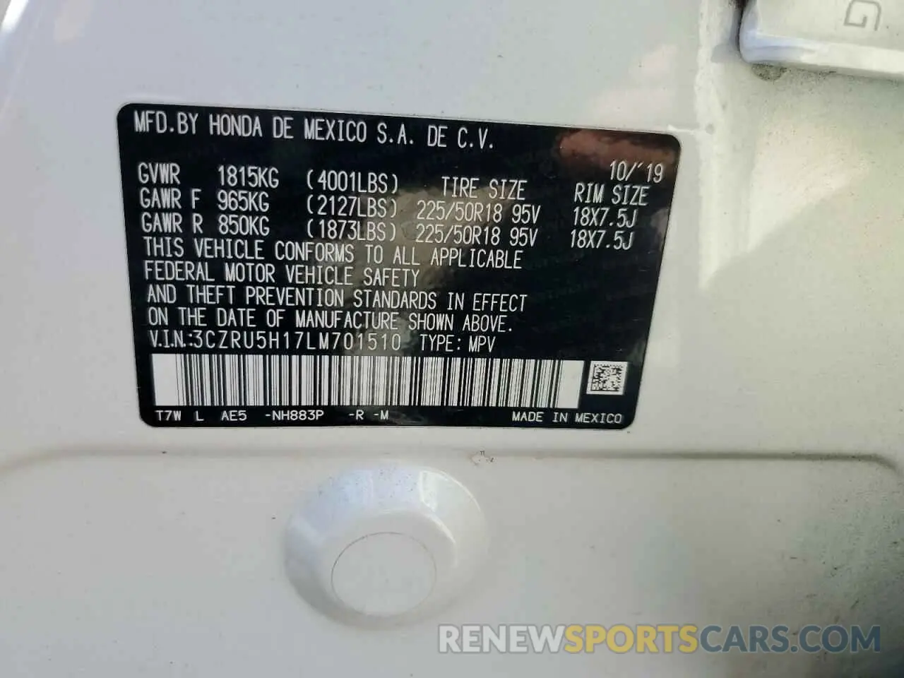 14 Photograph of a damaged car 3CZRU5H17LM701510 HONDA HR-V 2020