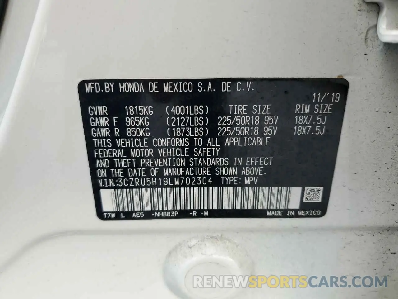 14 Photograph of a damaged car 3CZRU5H19LM702304 HONDA HR-V 2020