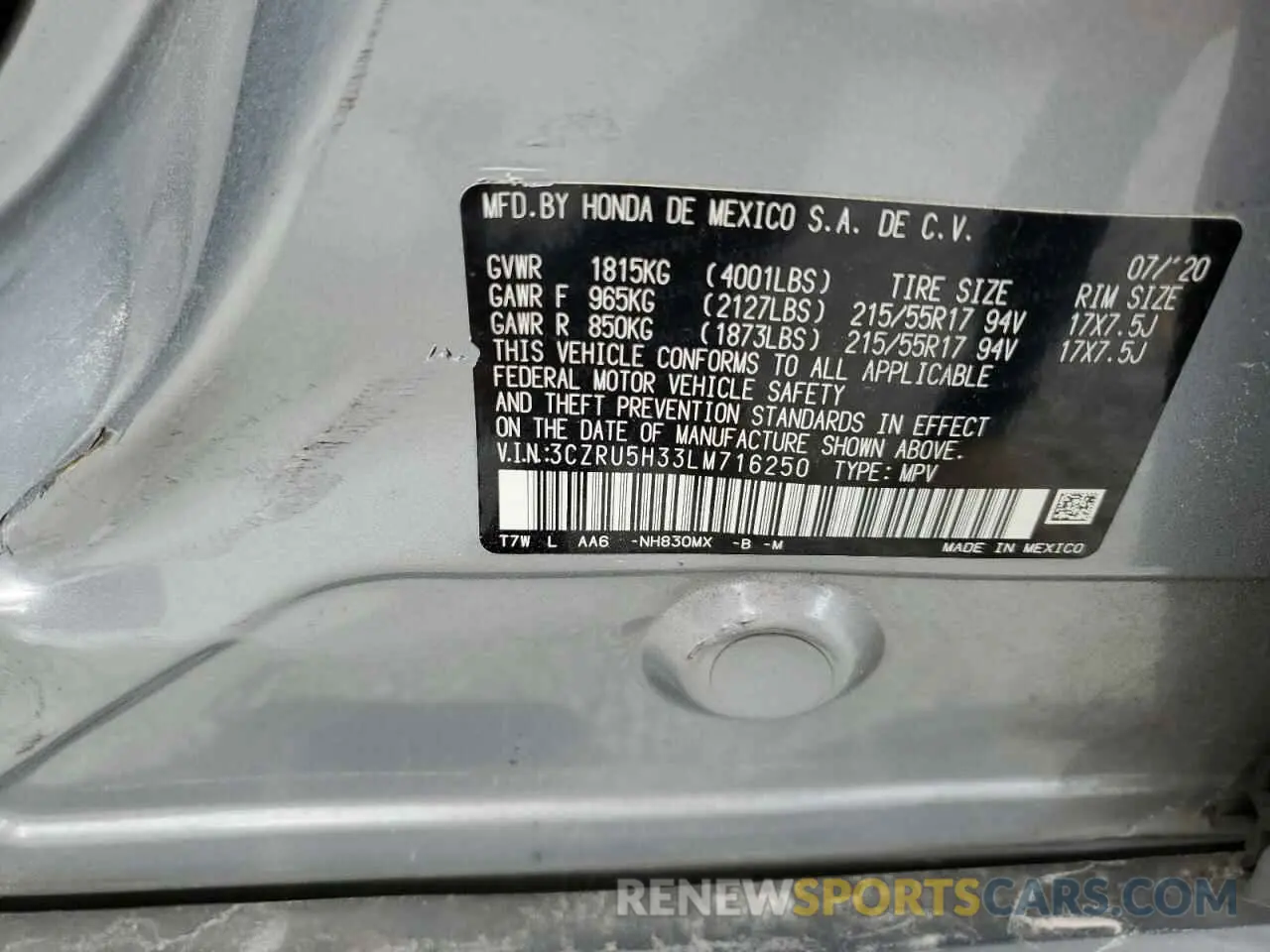 13 Фотография поврежденного автомобиля 3CZRU5H33LM716250 HONDA HR-V 2020