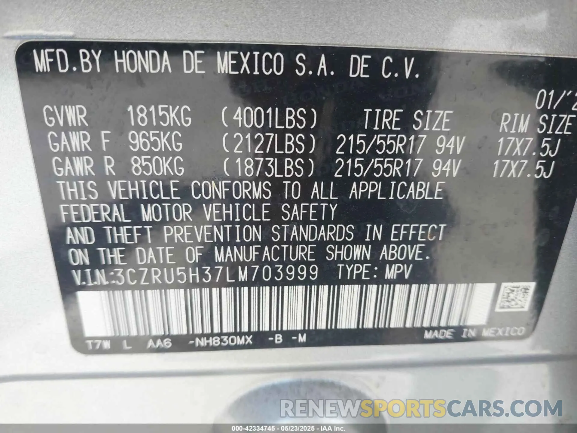 9 Фотография поврежденного автомобиля 3CZRU5H37LM703999 HONDA HR-V 2020
