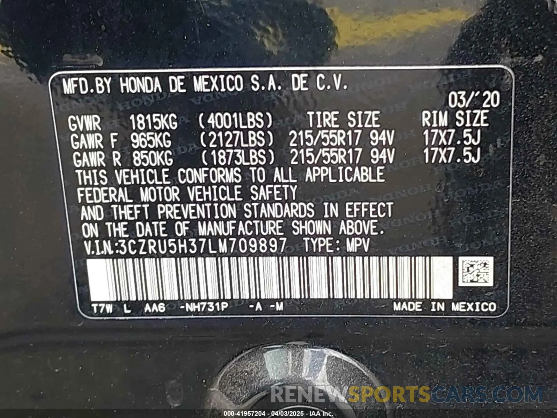 9 Фотография поврежденного автомобиля 3CZRU5H37LM709897 HONDA HR-V 2020