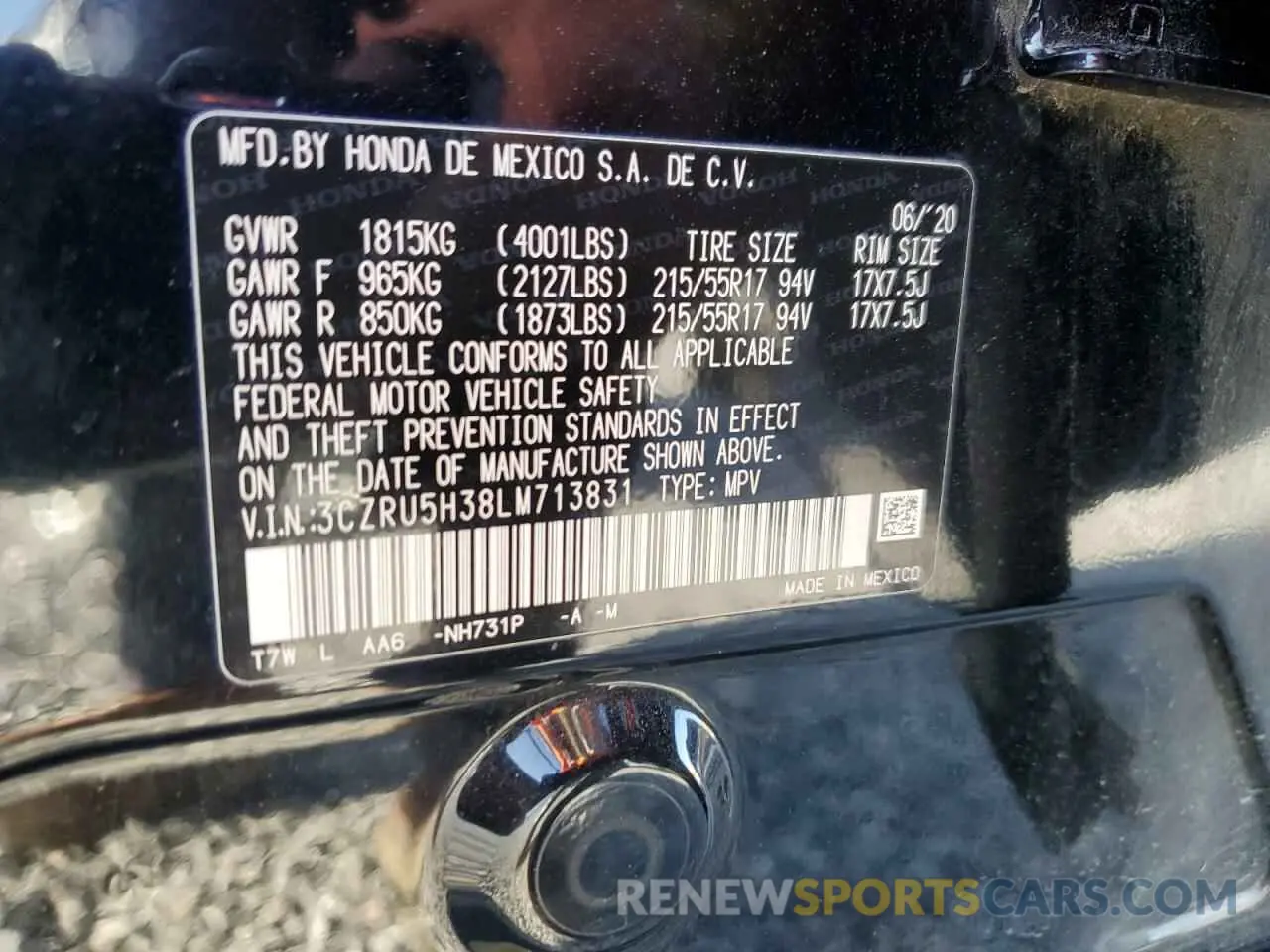 15 Photograph of a damaged car 3CZRU5H38LM713831 HONDA HR-V 2020