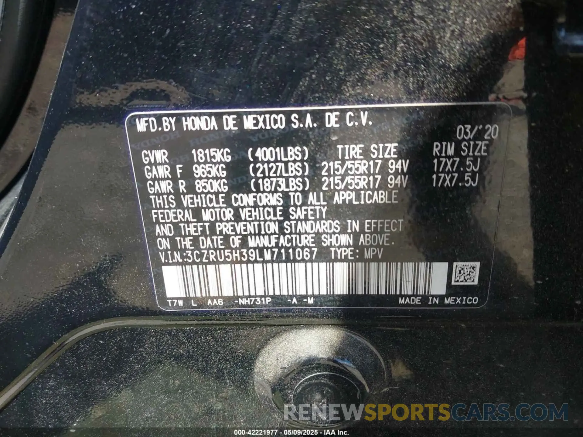 9 Photograph of a damaged car 3CZRU5H39LM711067 HONDA HR-V 2020