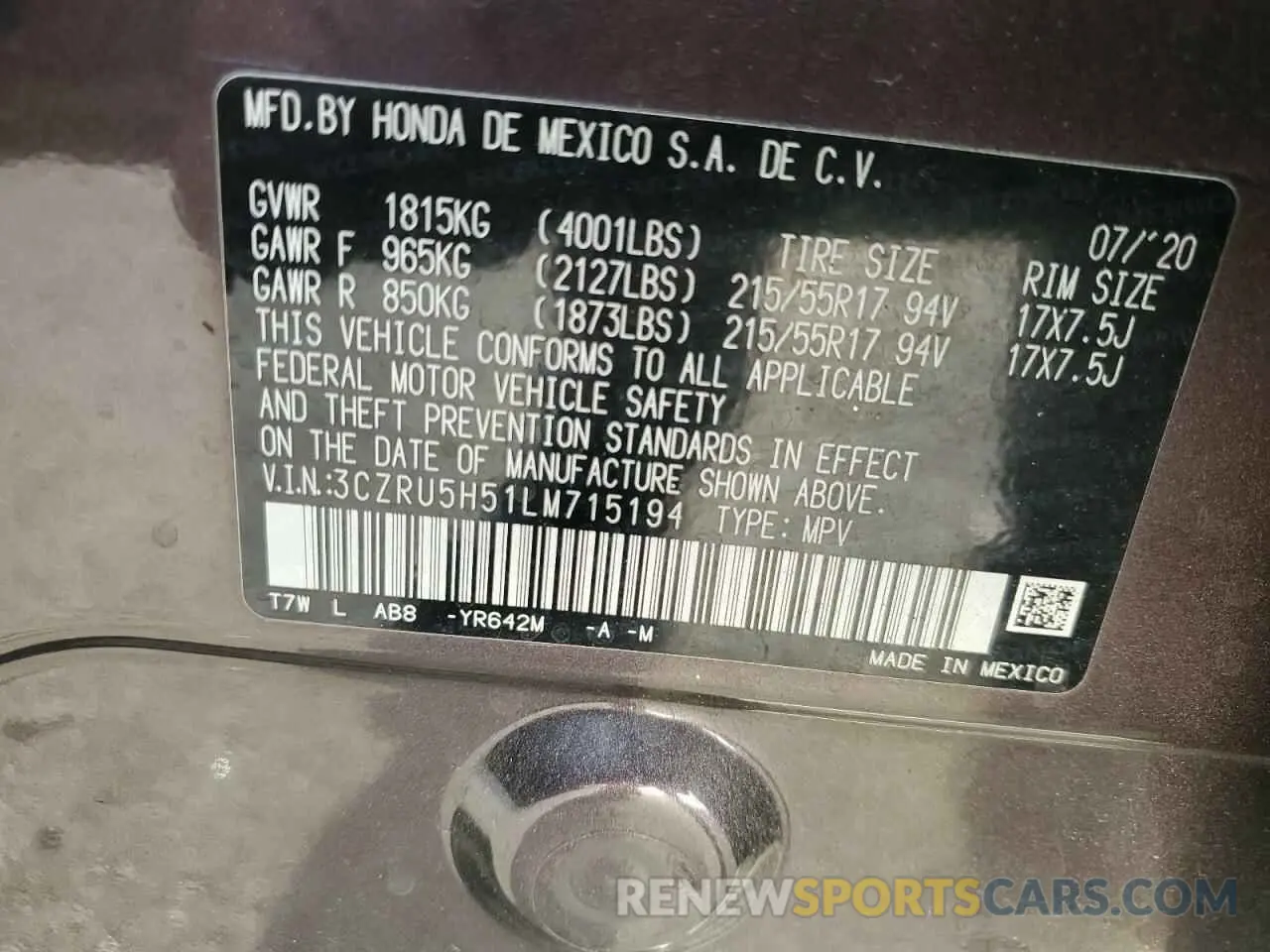 14 Photograph of a damaged car 3CZRU5H51LM715194 HONDA HR-V 2020