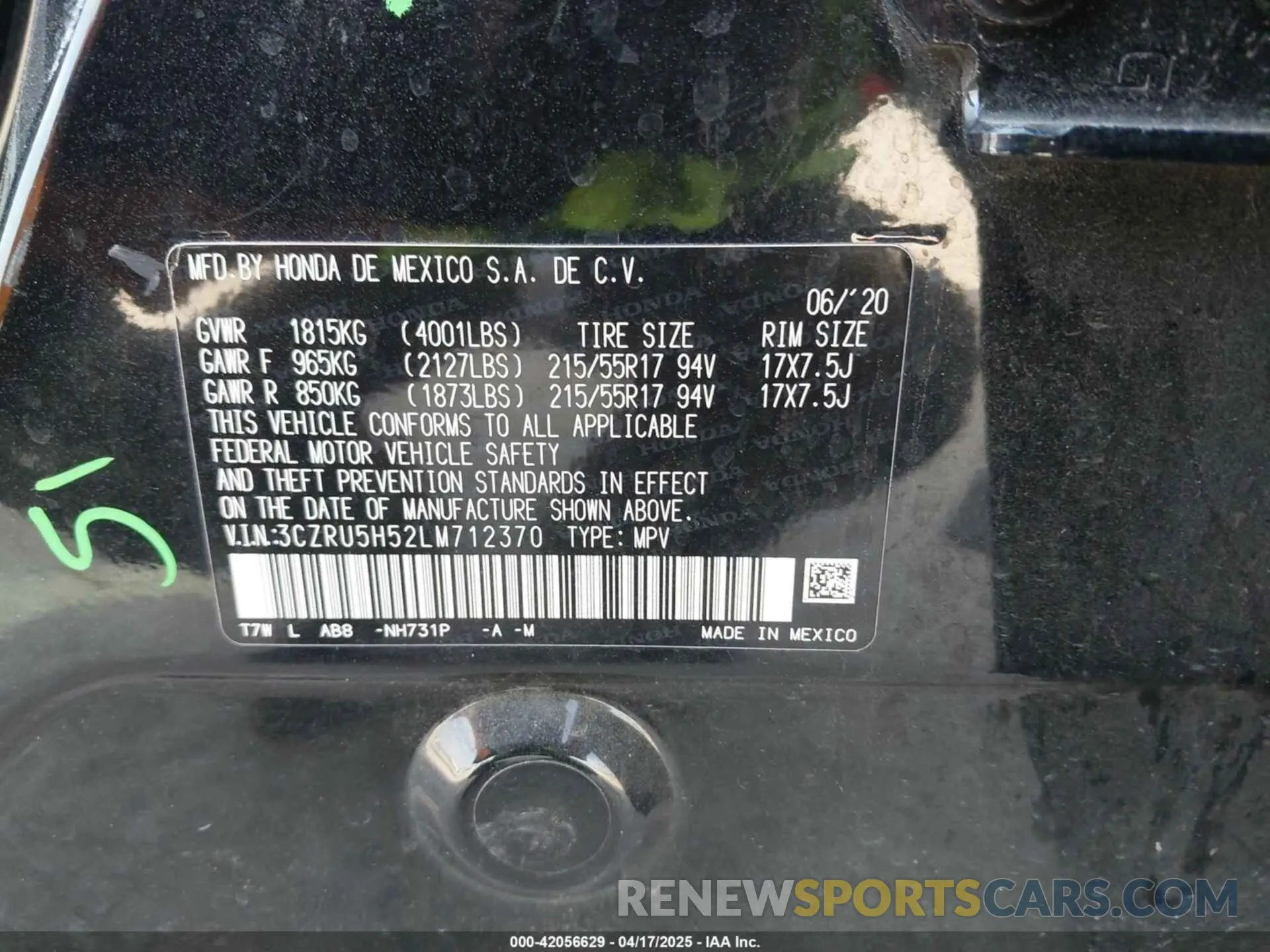 9 Фотография поврежденного автомобиля 3CZRU5H52LM712370 HONDA HR-V 2020