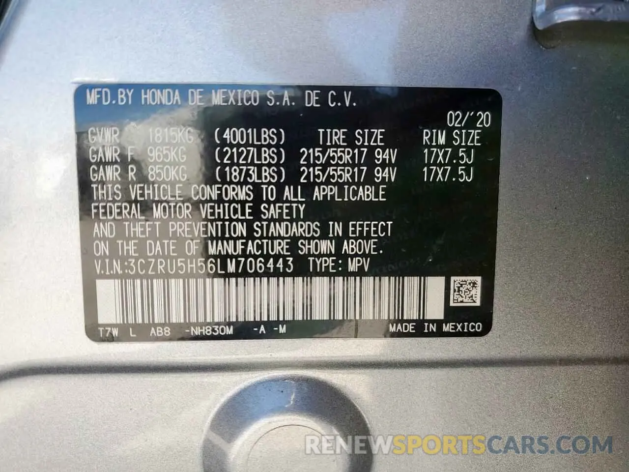 13 Фотография поврежденного автомобиля 3CZRU5H56LM706443 HONDA HR-V 2020