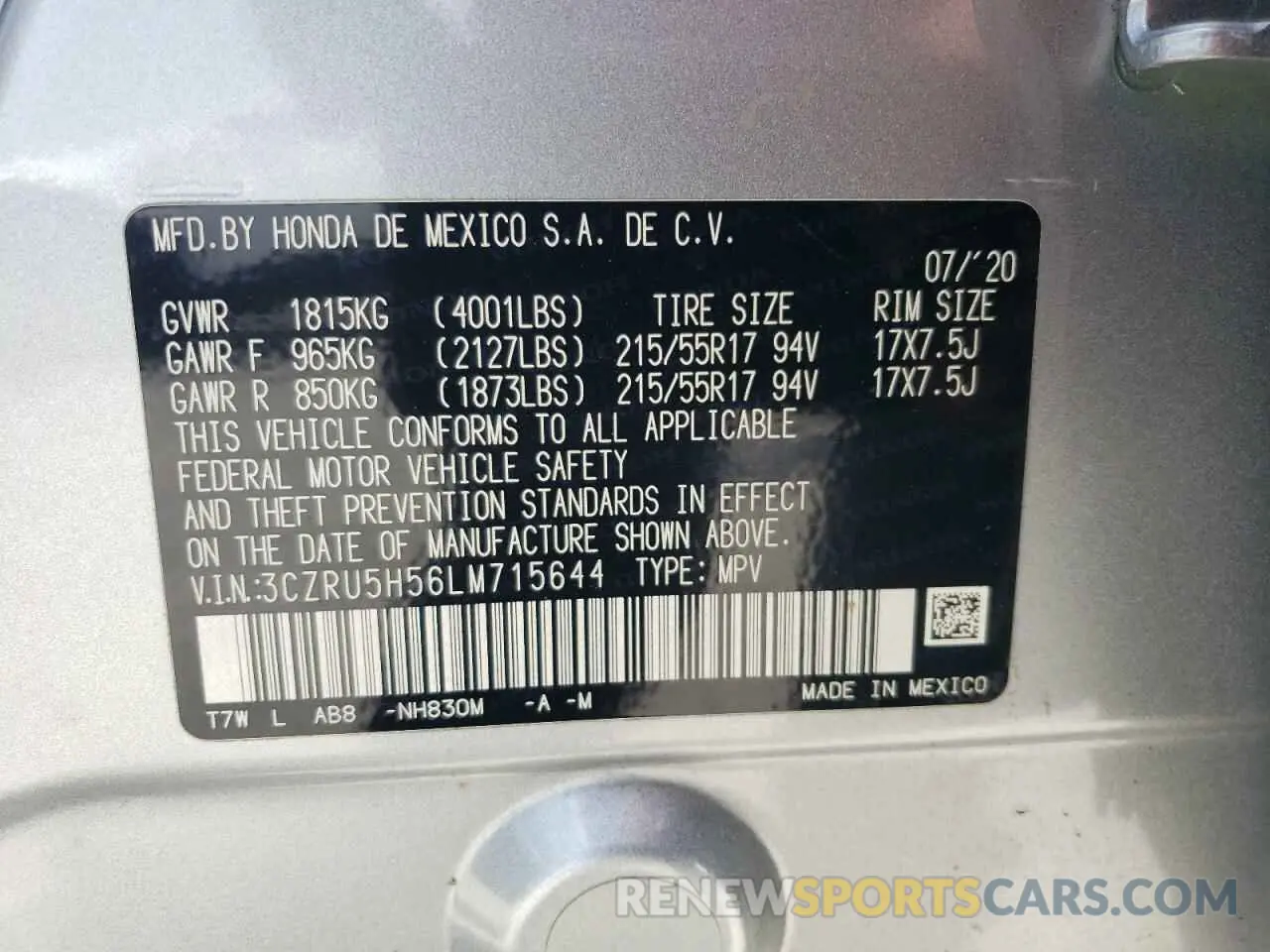 13 Фотография поврежденного автомобиля 3CZRU5H56LM715644 HONDA HR-V 2020