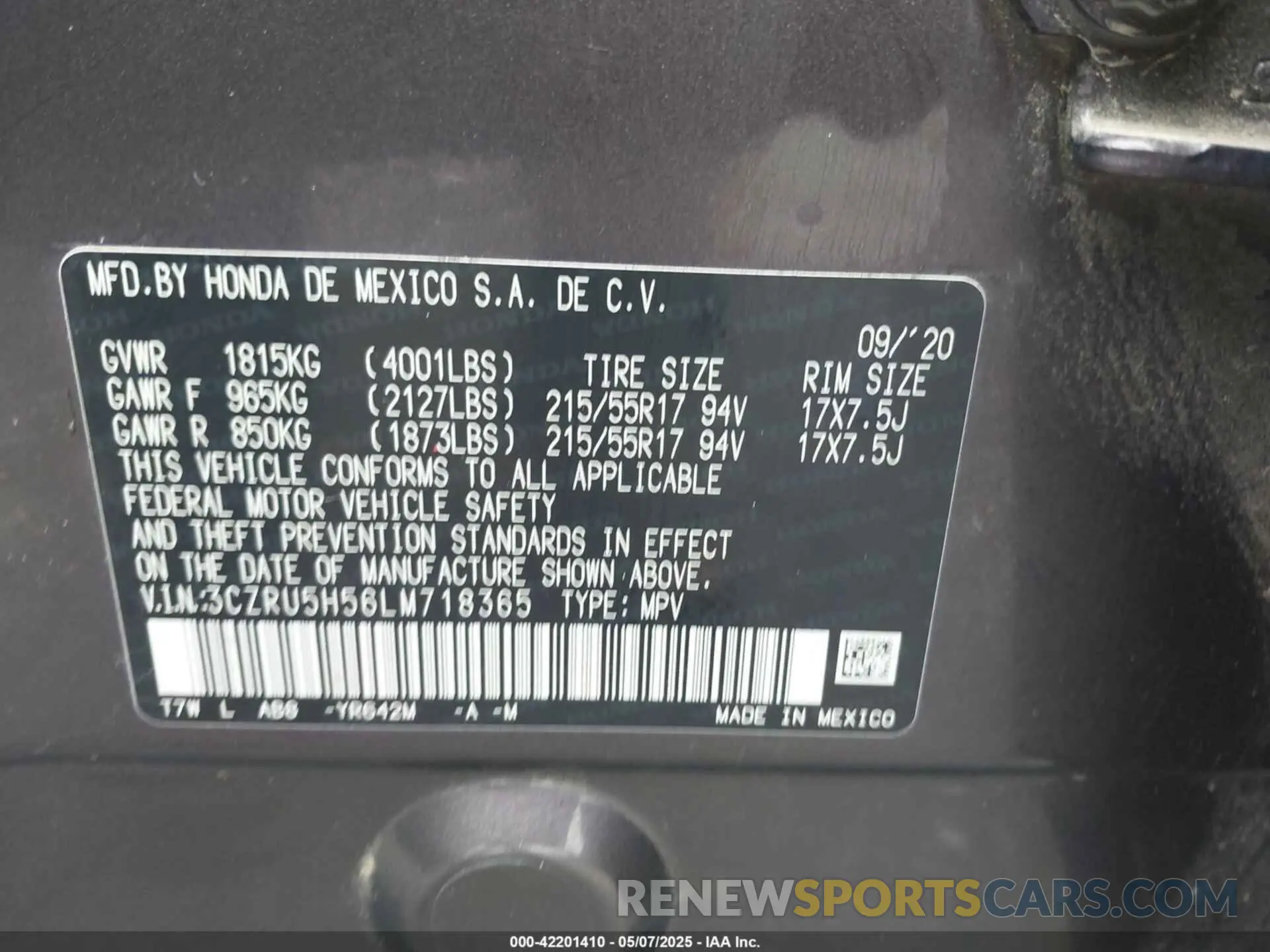 9 Photograph of a damaged car 3CZRU5H56LM718365 HONDA HR-V 2020