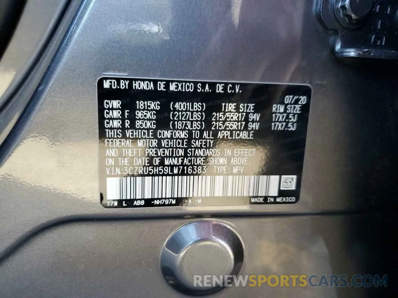 13 Фотография поврежденного автомобиля 3CZRU5H59LM716383 HONDA HR-V 2020