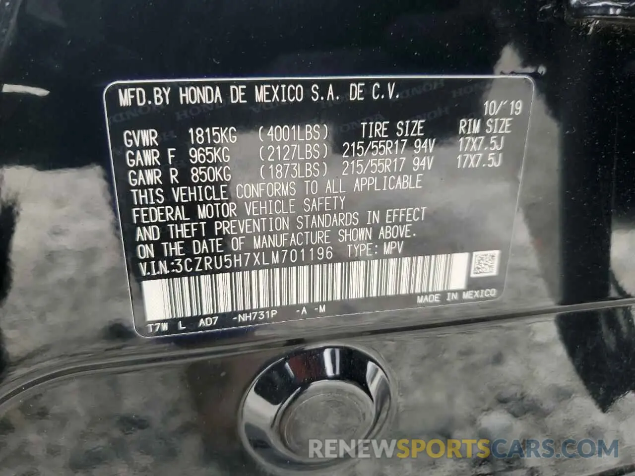 13 Фотография поврежденного автомобиля 3CZRU5H7XLM701196 HONDA HR-V 2020