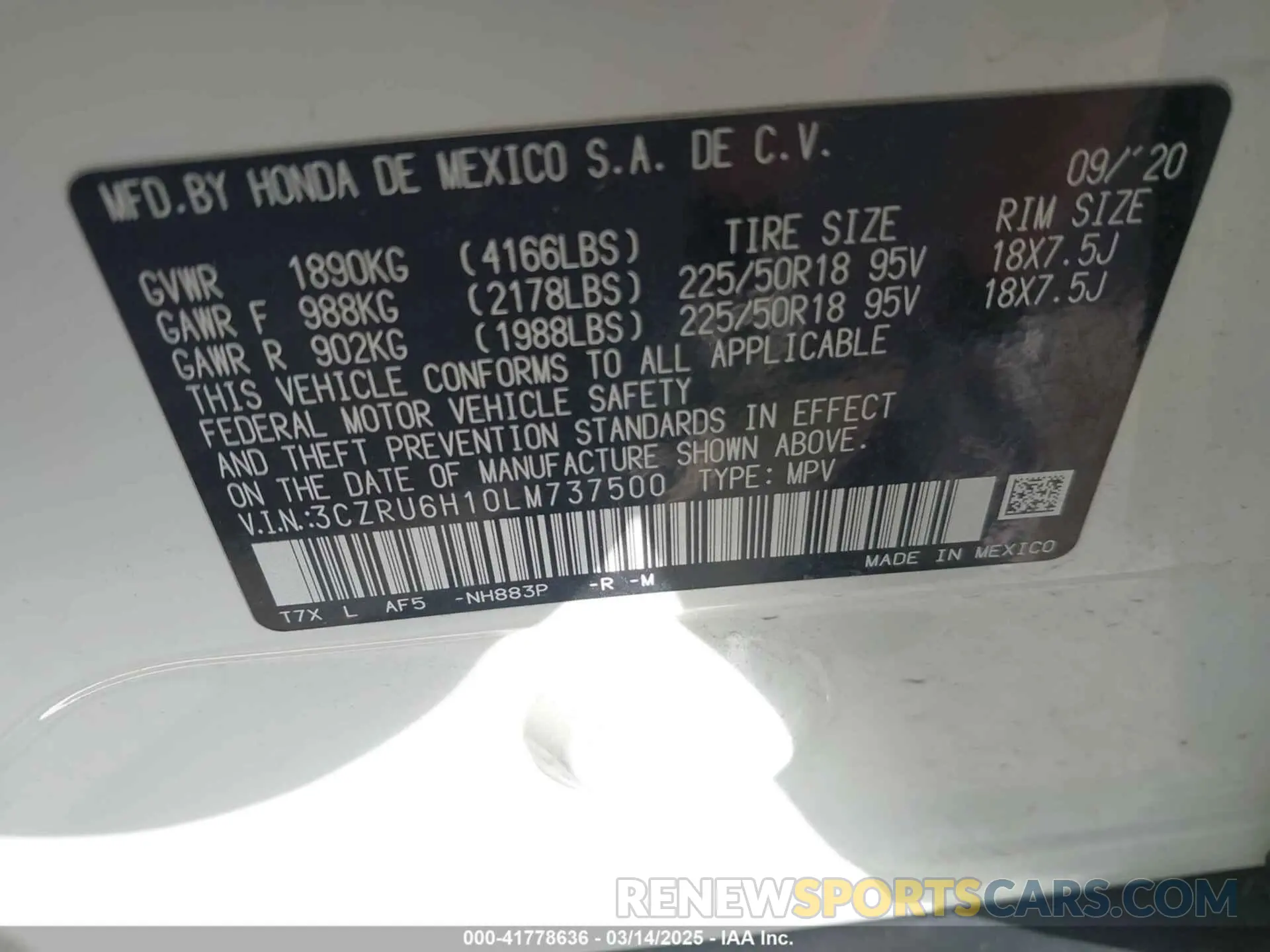 9 Photograph of a damaged car 3CZRU6H10LM737500 HONDA HR-V 2020
