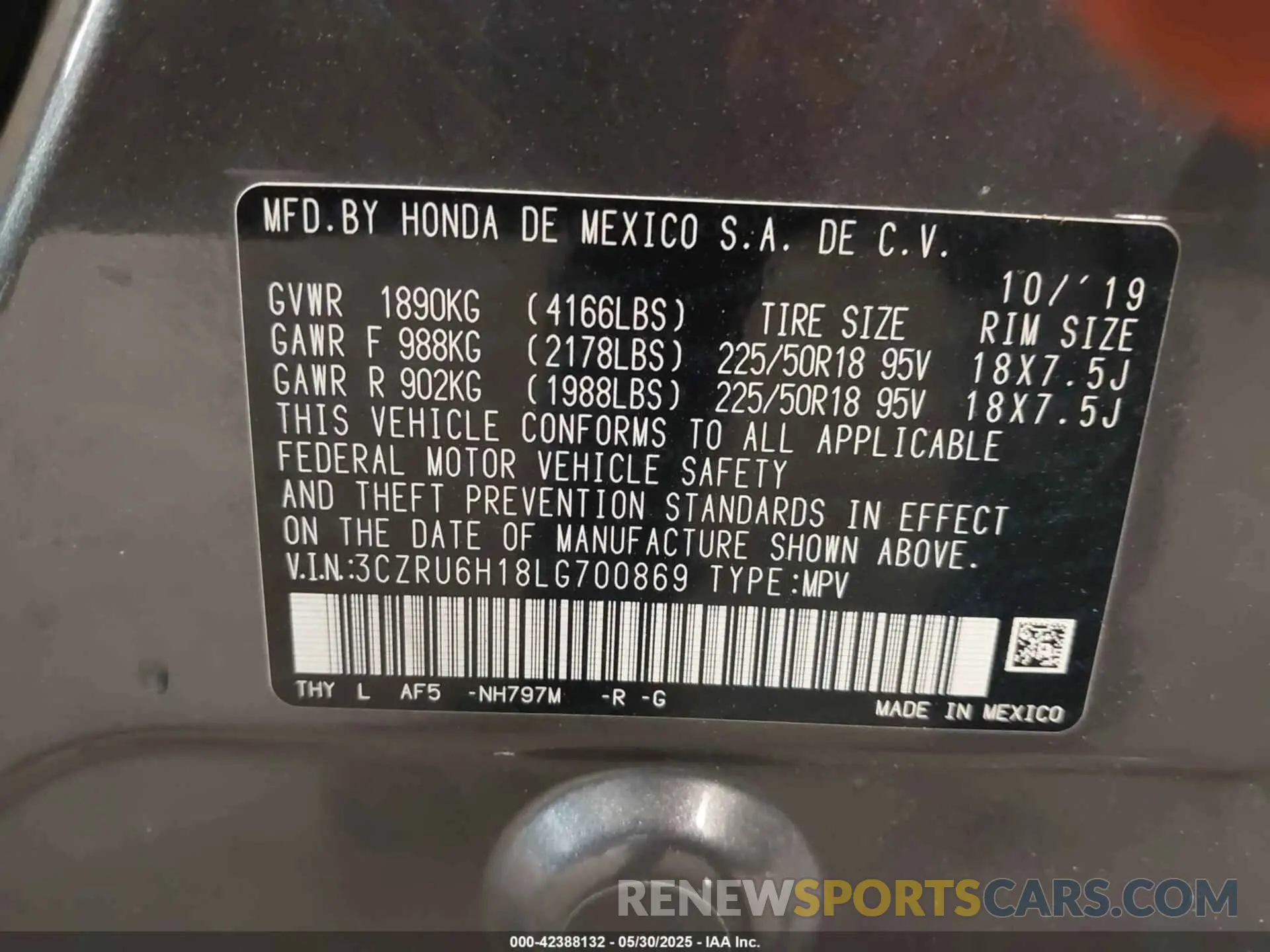 9 Photograph of a damaged car 3CZRU6H18LG700869 HONDA HR-V 2020