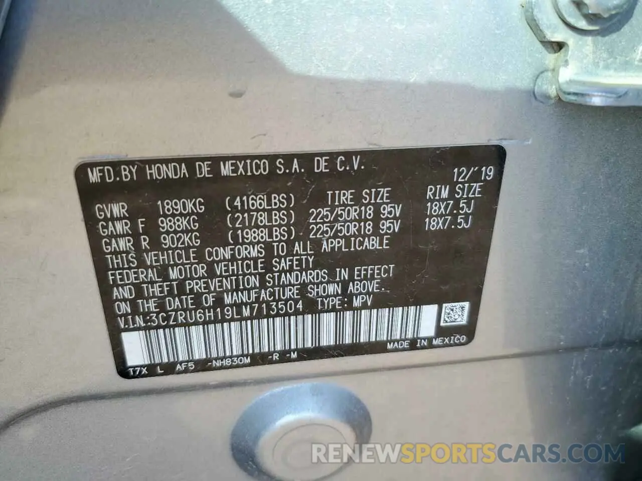 13 Photograph of a damaged car 3CZRU6H19LM713504 HONDA HR-V 2020
