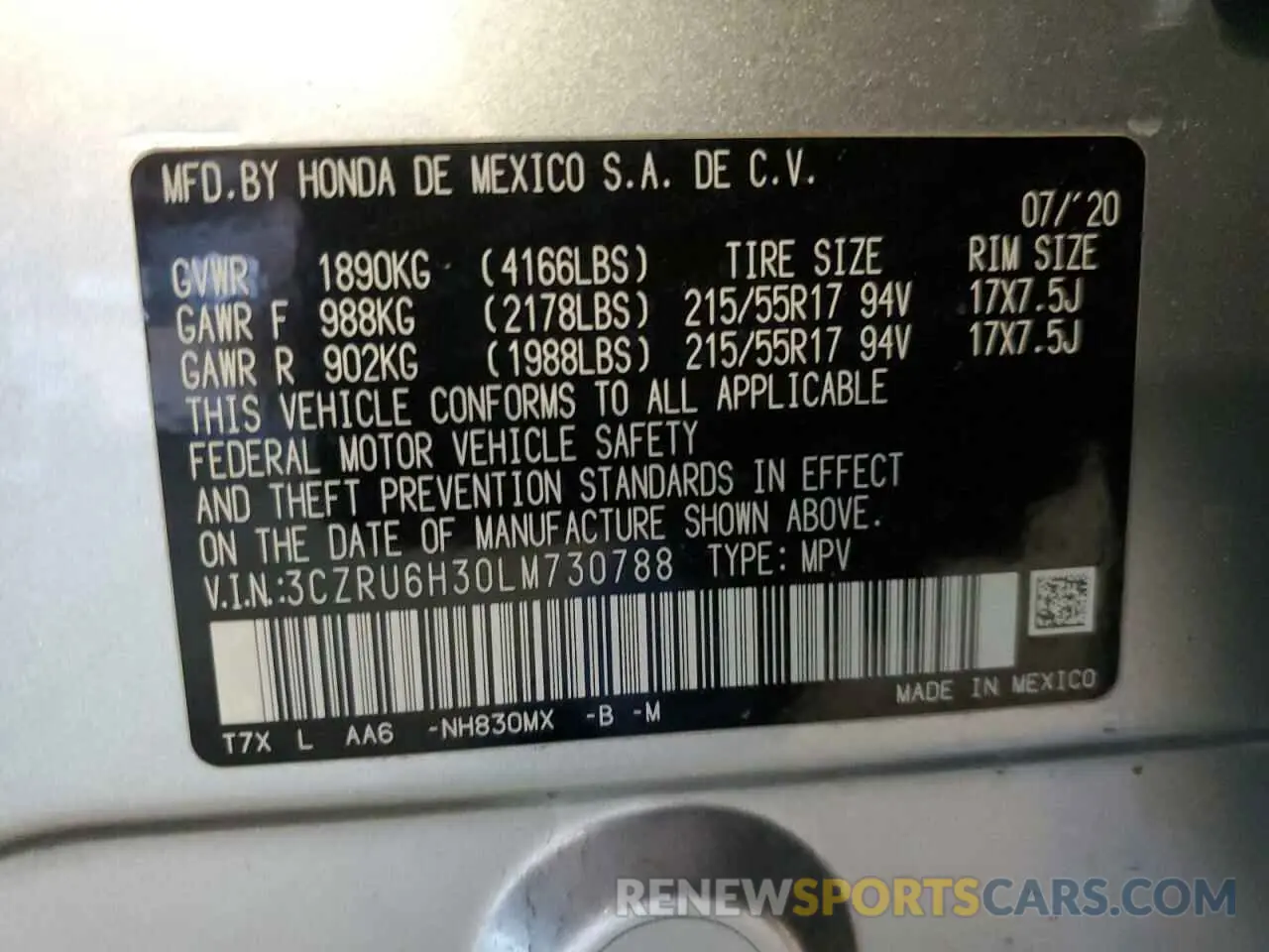 14 Фотография поврежденного автомобиля 3CZRU6H30LM730788 HONDA HR-V 2020