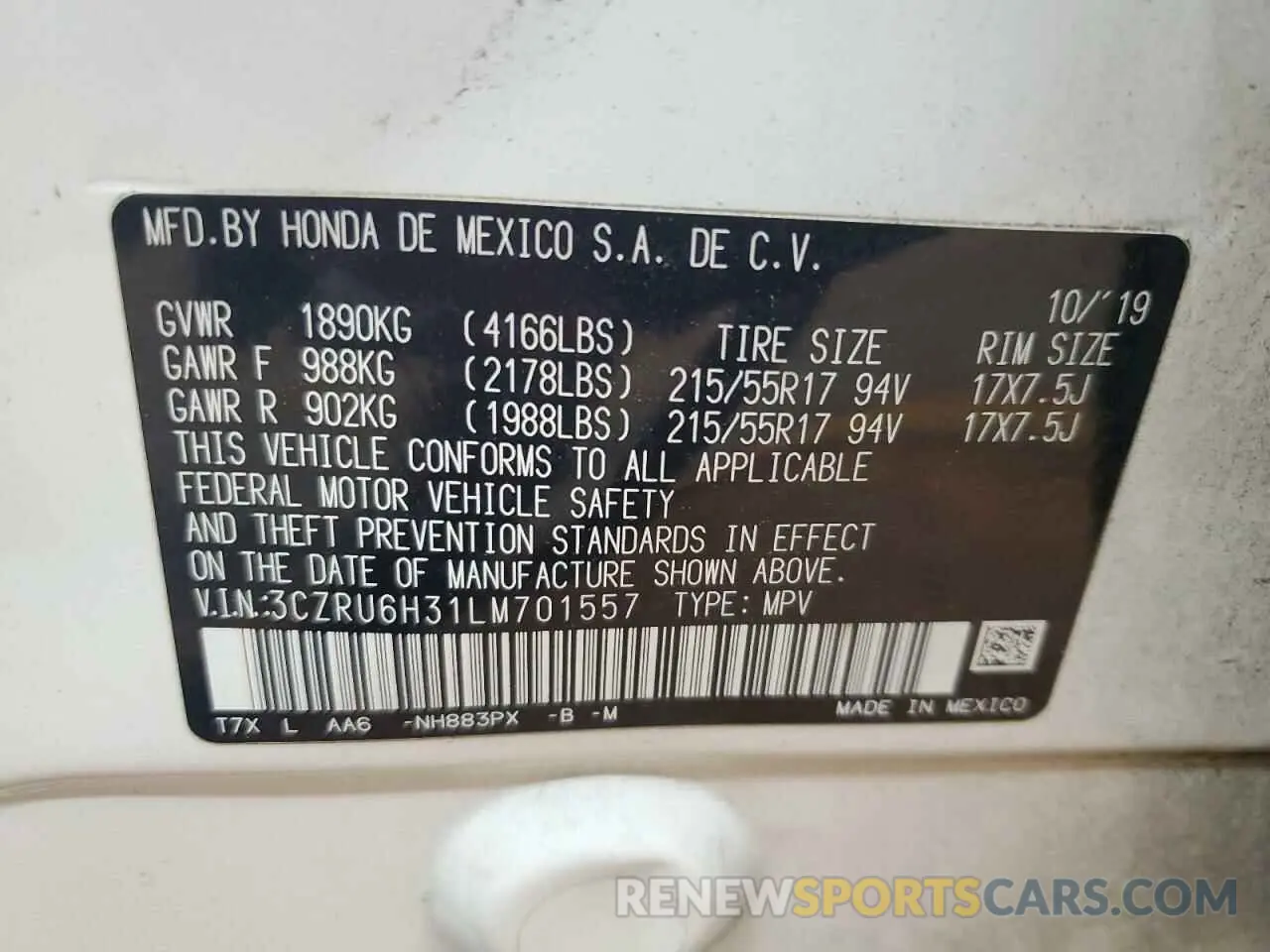13 Фотография поврежденного автомобиля 3CZRU6H31LM701557 HONDA HR-V 2020