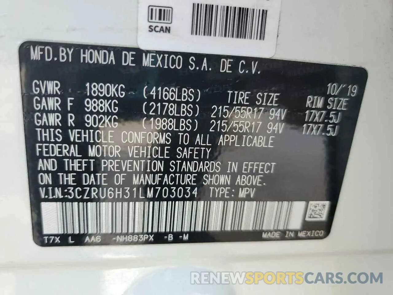 13 Photograph of a damaged car 3CZRU6H31LM703034 HONDA HR-V 2020