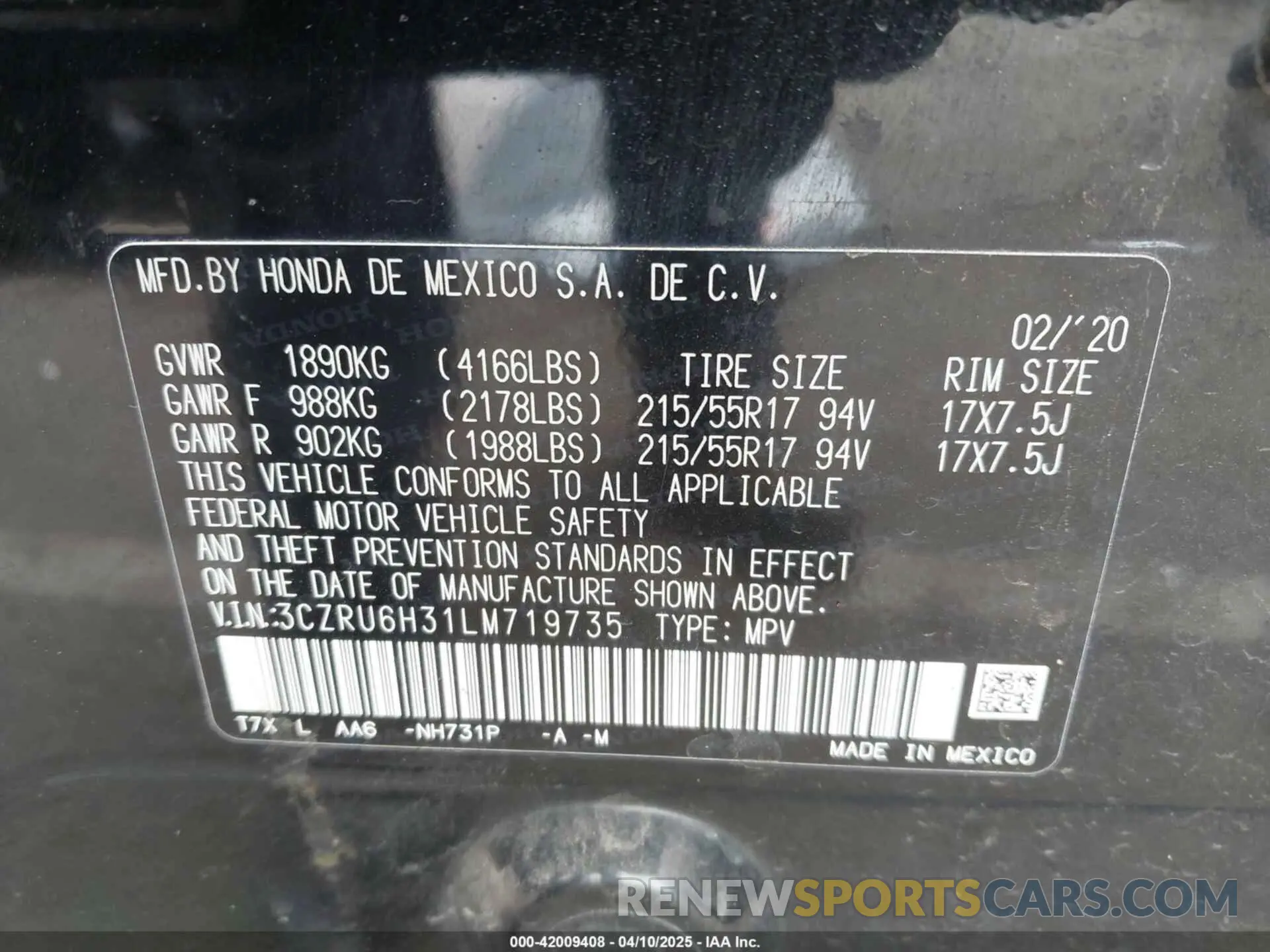 9 Фотография поврежденного автомобиля 3CZRU6H31LM719735 HONDA HR-V 2020