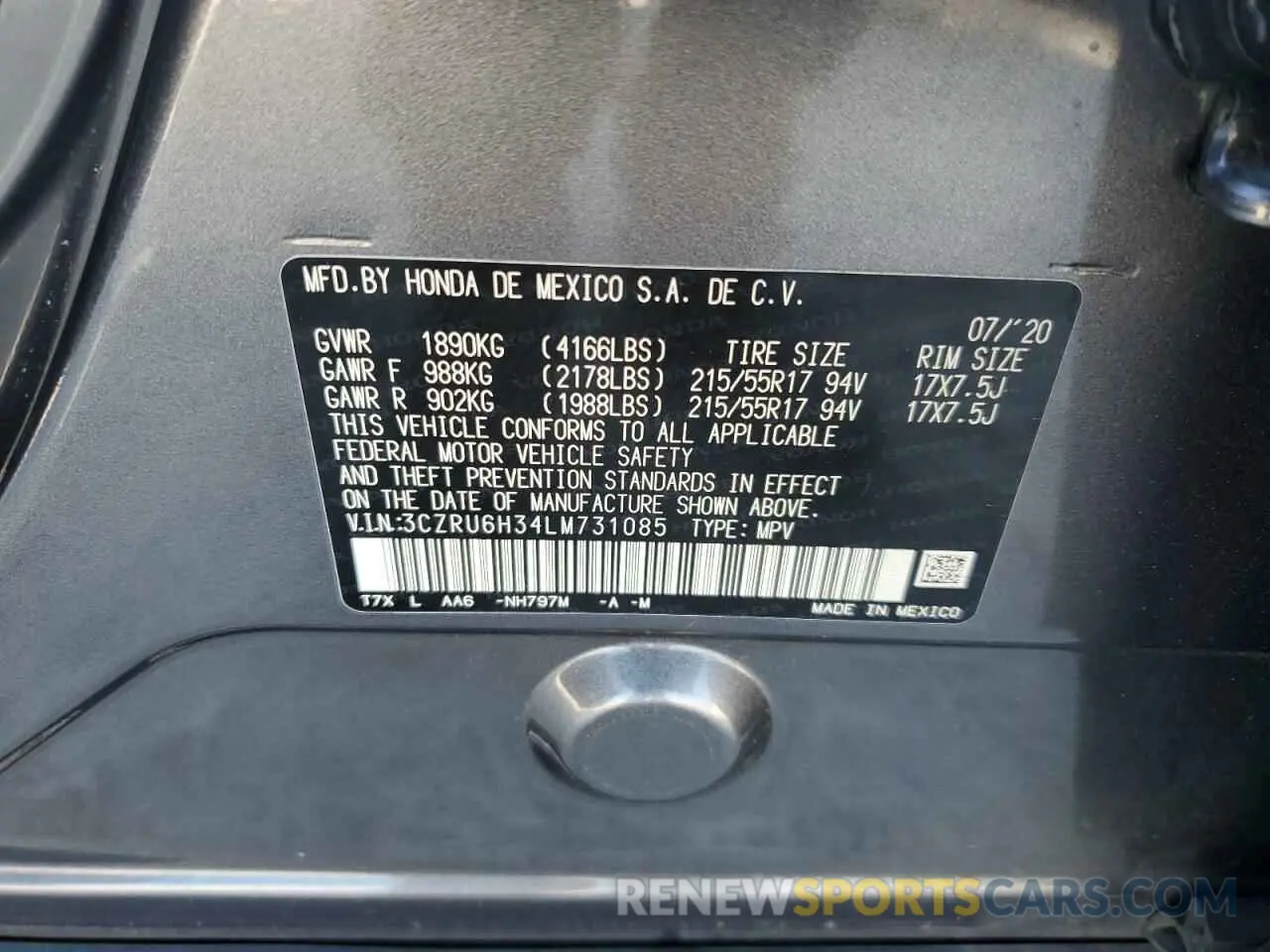 14 Photograph of a damaged car 3CZRU6H34LM731085 HONDA HR-V 2020