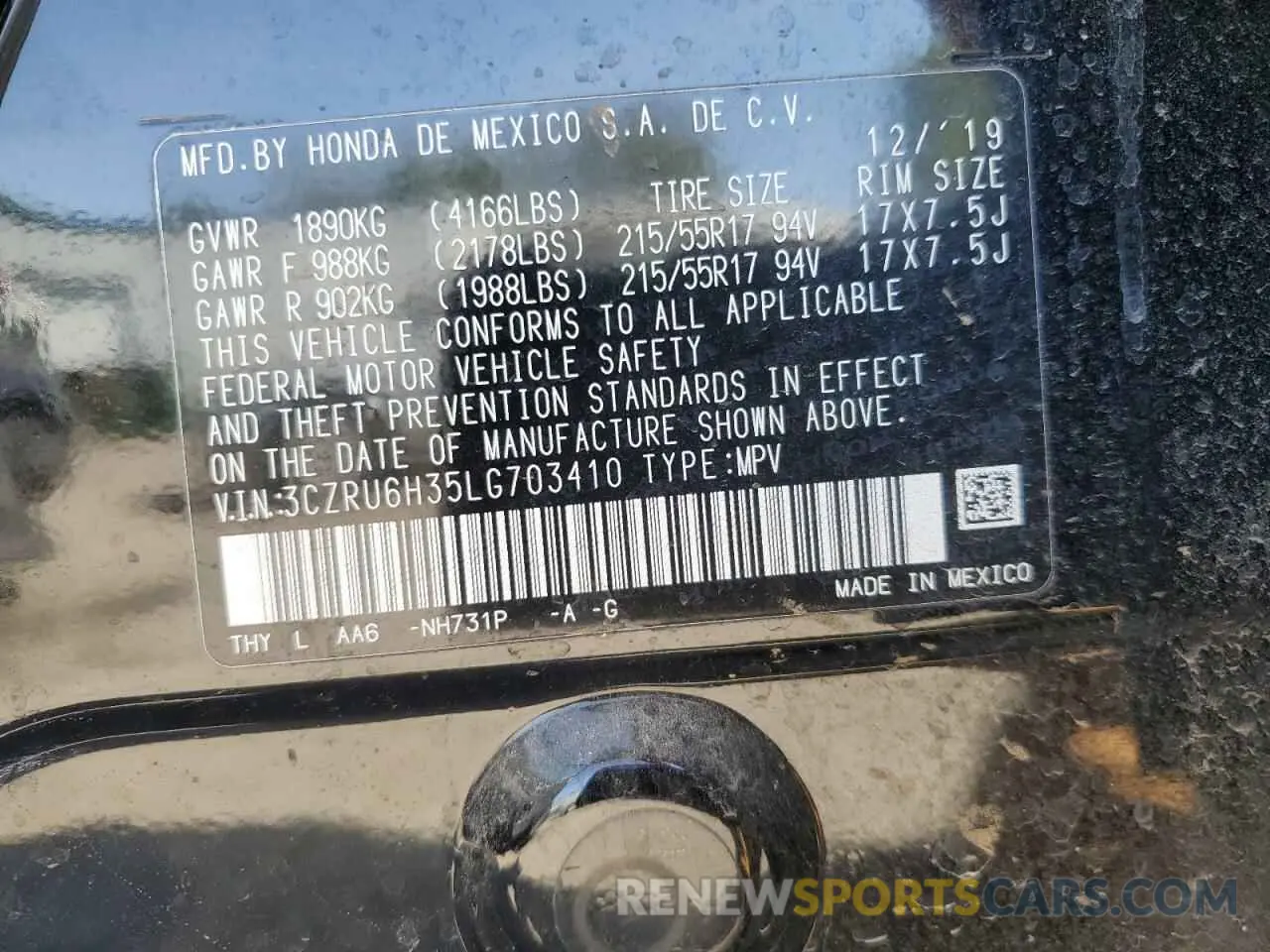 12 Photograph of a damaged car 3CZRU6H35LG703410 HONDA HR-V 2020