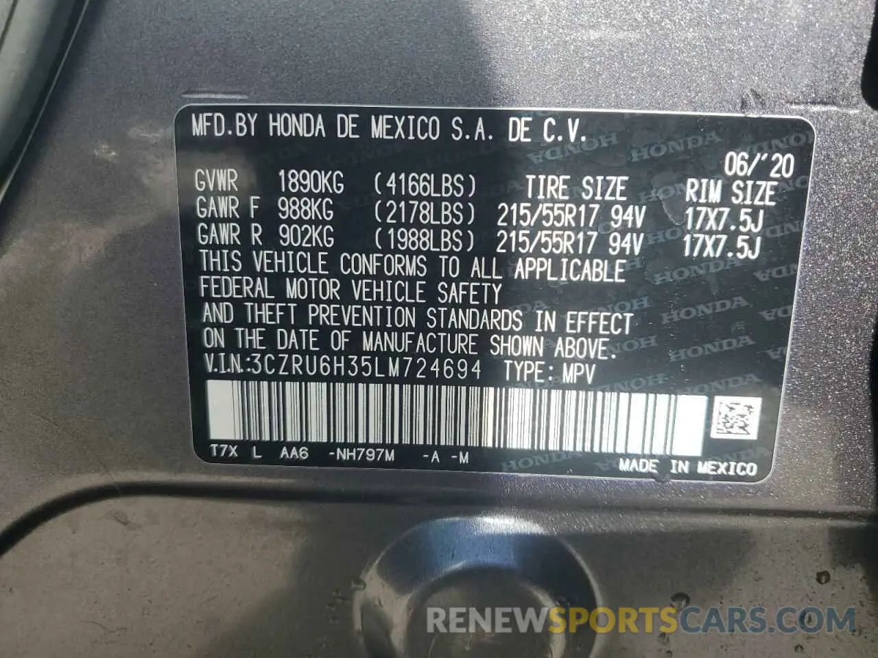 13 Photograph of a damaged car 3CZRU6H35LM724694 HONDA HR-V 2020