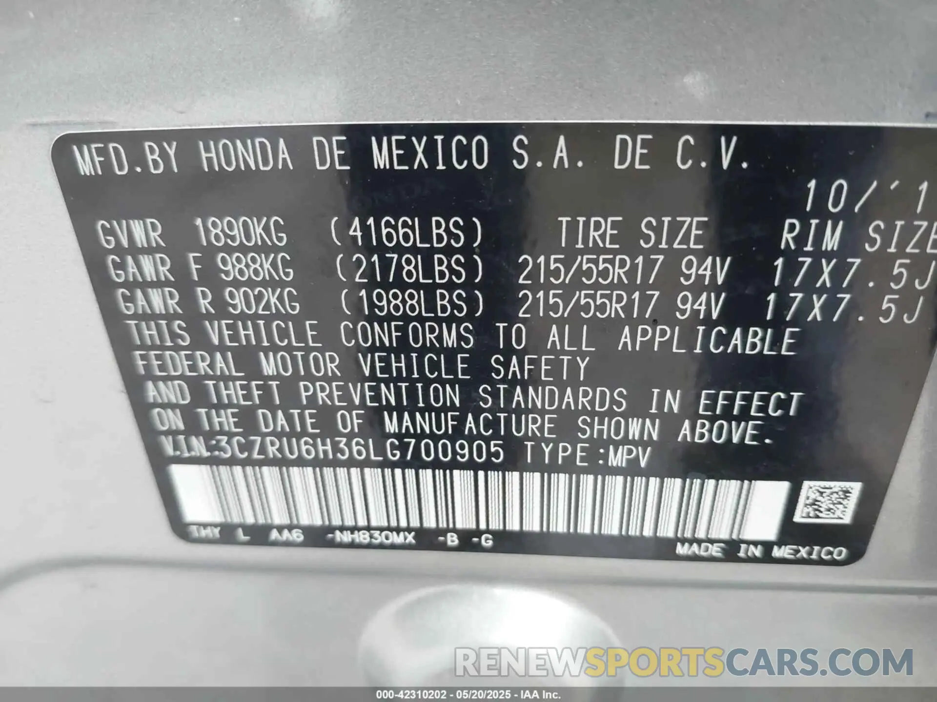 9 Photograph of a damaged car 3CZRU6H36LG700905 HONDA HR-V 2020