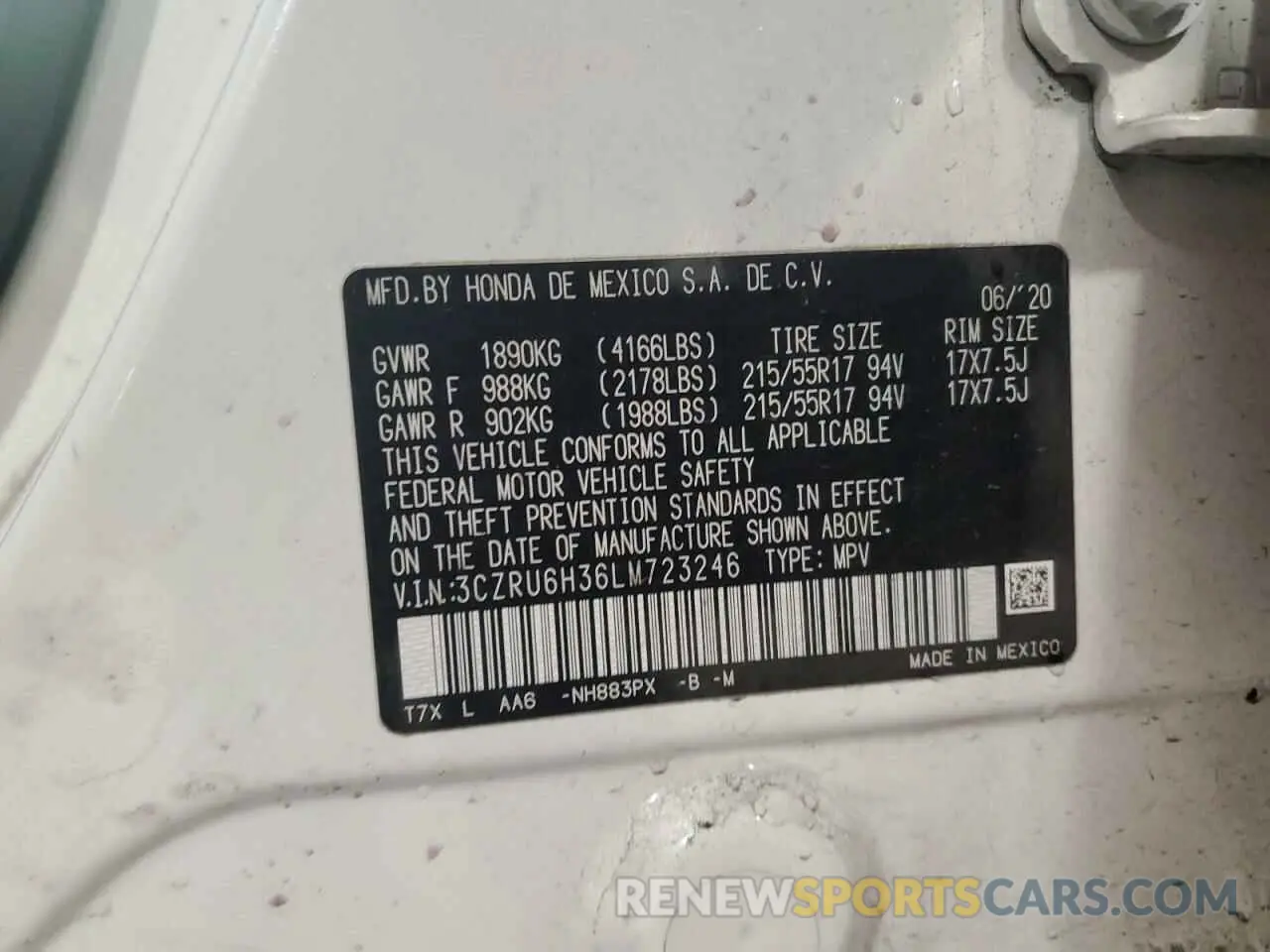 13 Photograph of a damaged car 3CZRU6H36LM723246 HONDA HR-V 2020