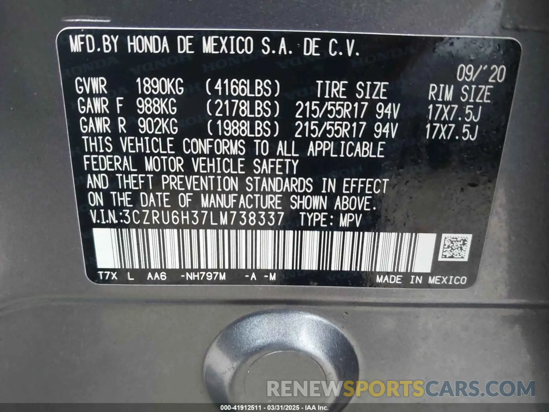 9 Photograph of a damaged car 3CZRU6H37LM738337 HONDA HR-V 2020