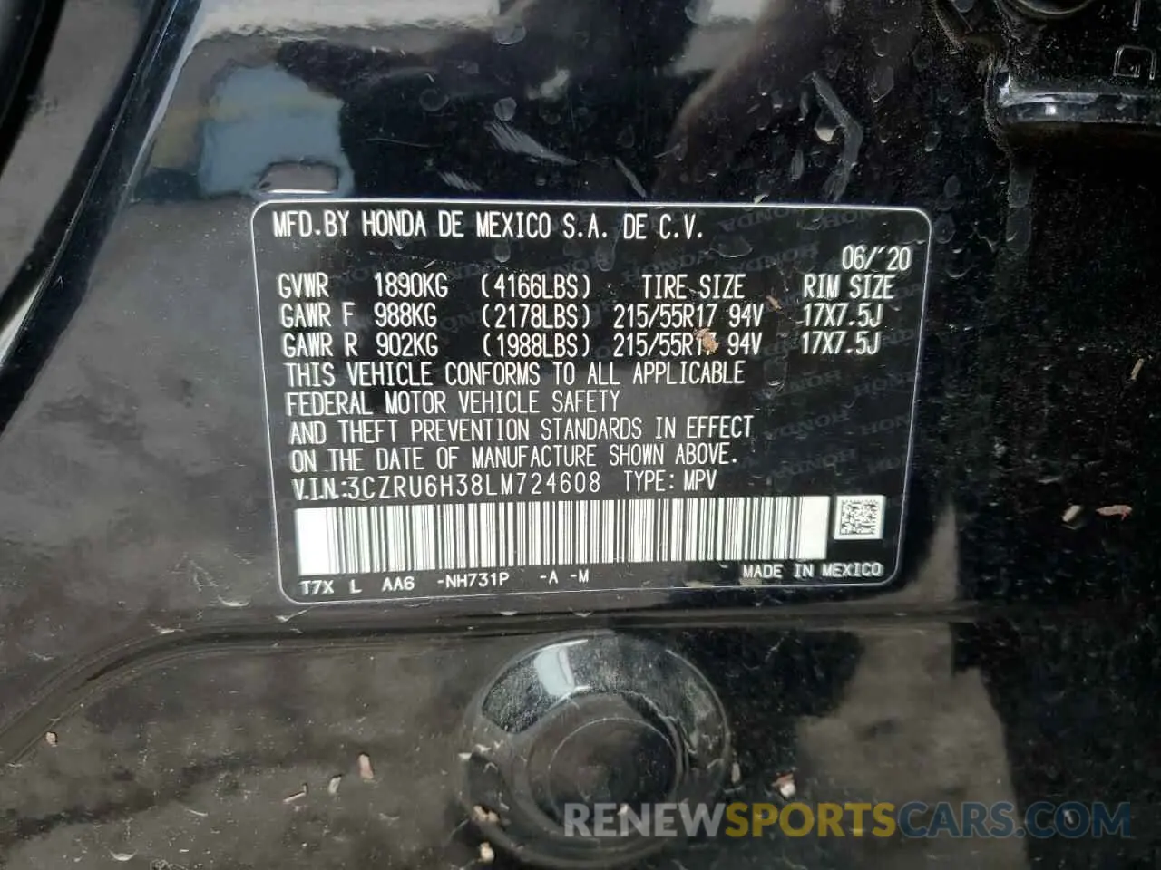 13 Photograph of a damaged car 3CZRU6H38LM724608 HONDA HR-V 2020