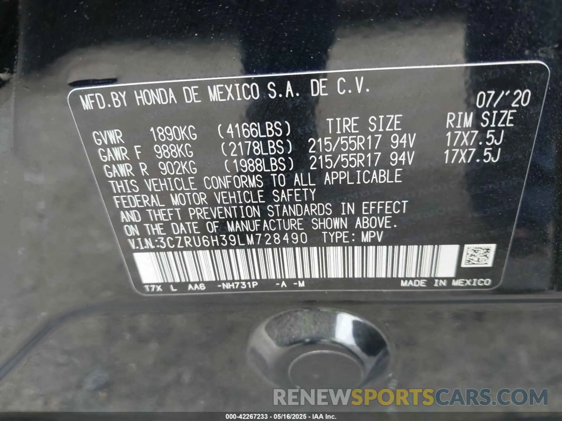 9 Фотография поврежденного автомобиля 3CZRU6H39LM728490 HONDA HR-V 2020