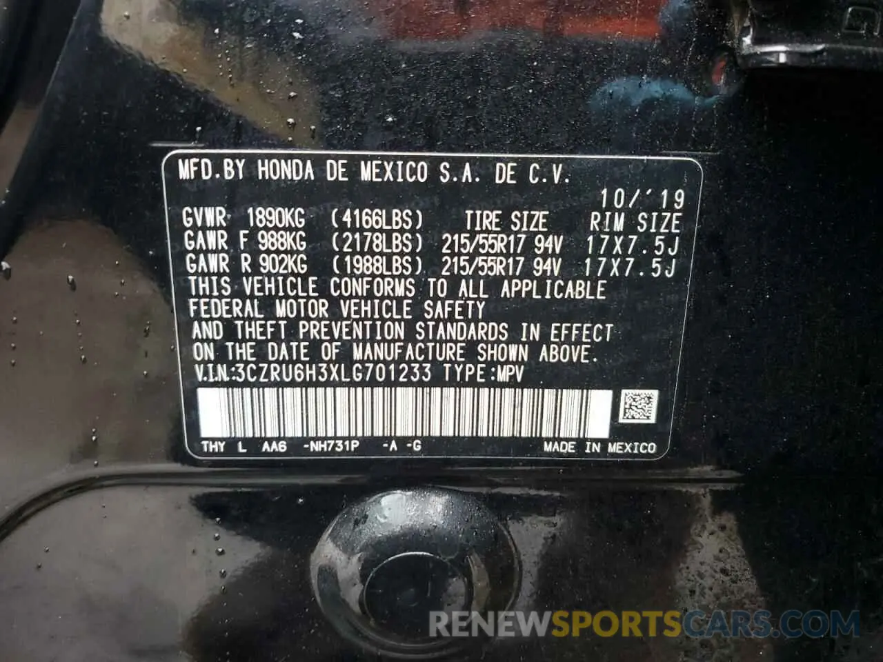 13 Photograph of a damaged car 3CZRU6H3XLG701233 HONDA HR-V 2020