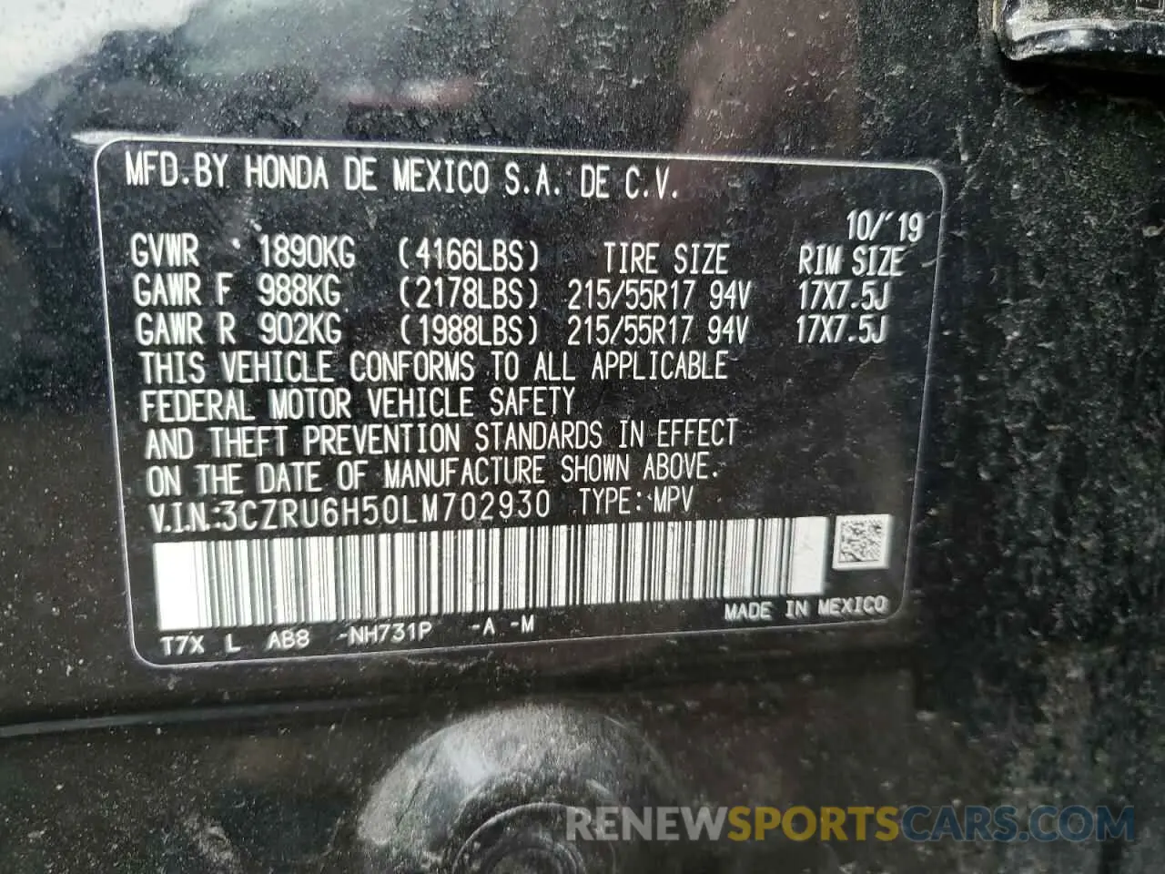 13 Photograph of a damaged car 3CZRU6H50LM702930 HONDA HR-V 2020