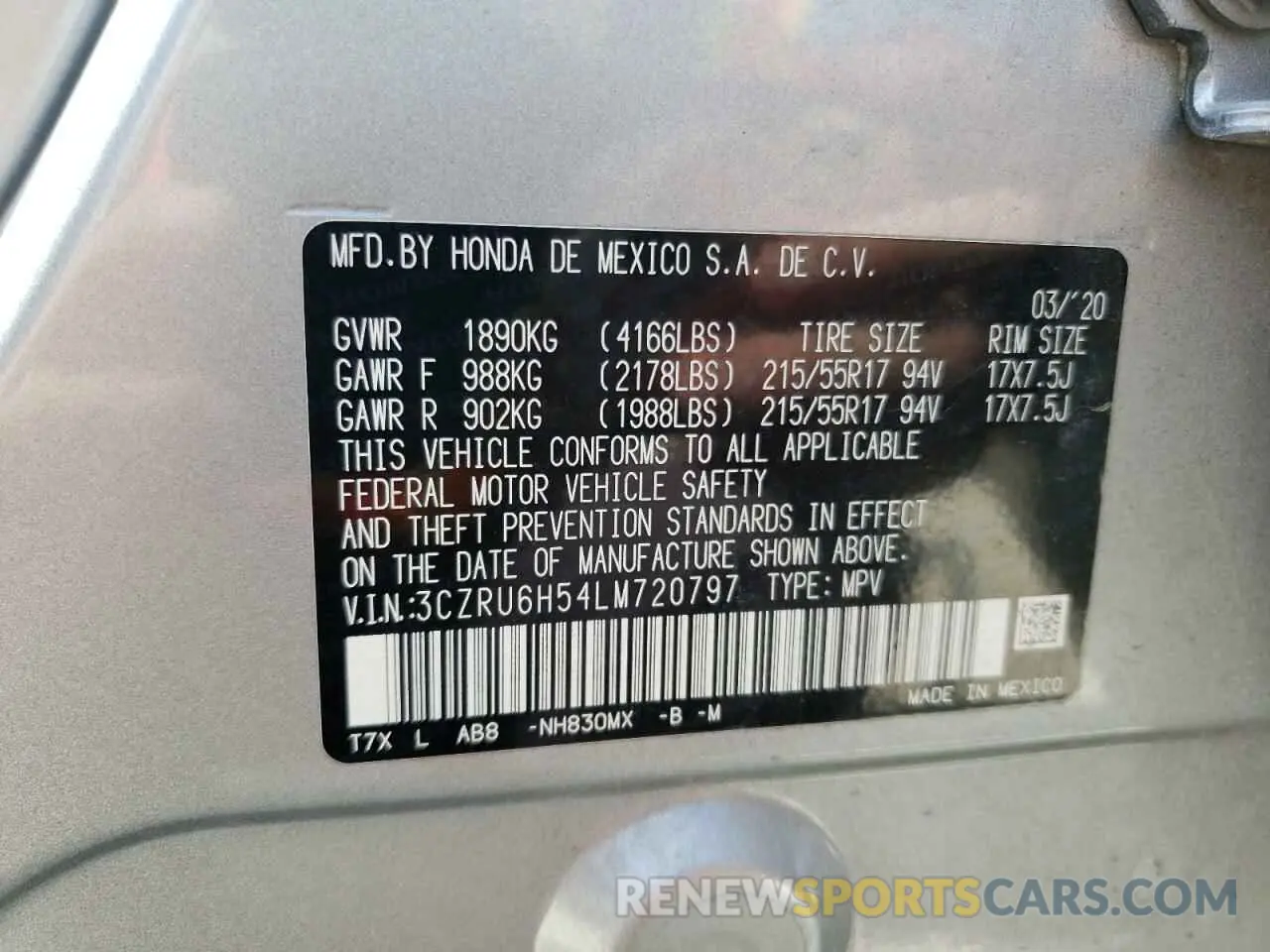 13 Photograph of a damaged car 3CZRU6H54LM720797 HONDA HR-V 2020