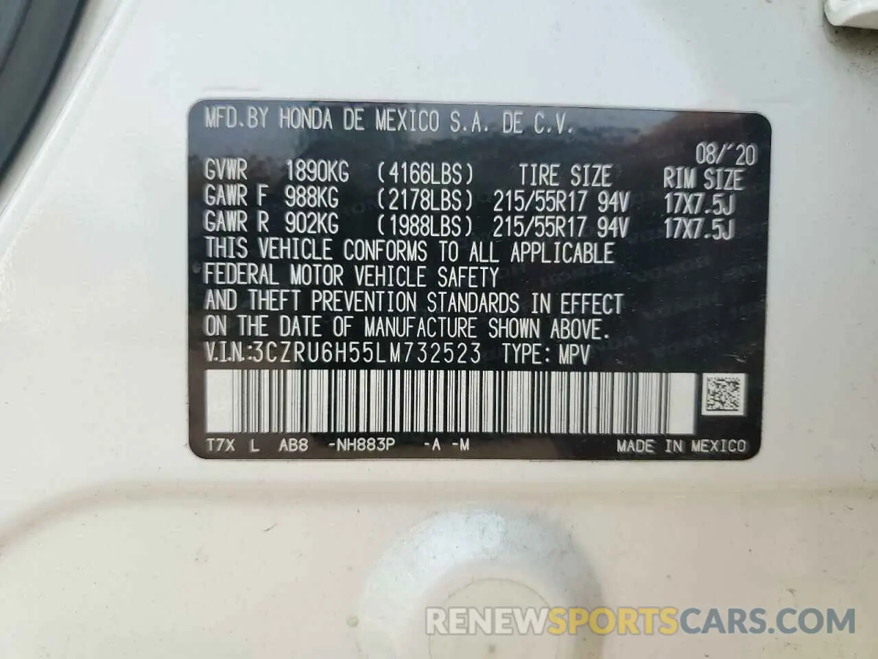 13 Photograph of a damaged car 3CZRU6H55LM732523 HONDA HR-V 2020