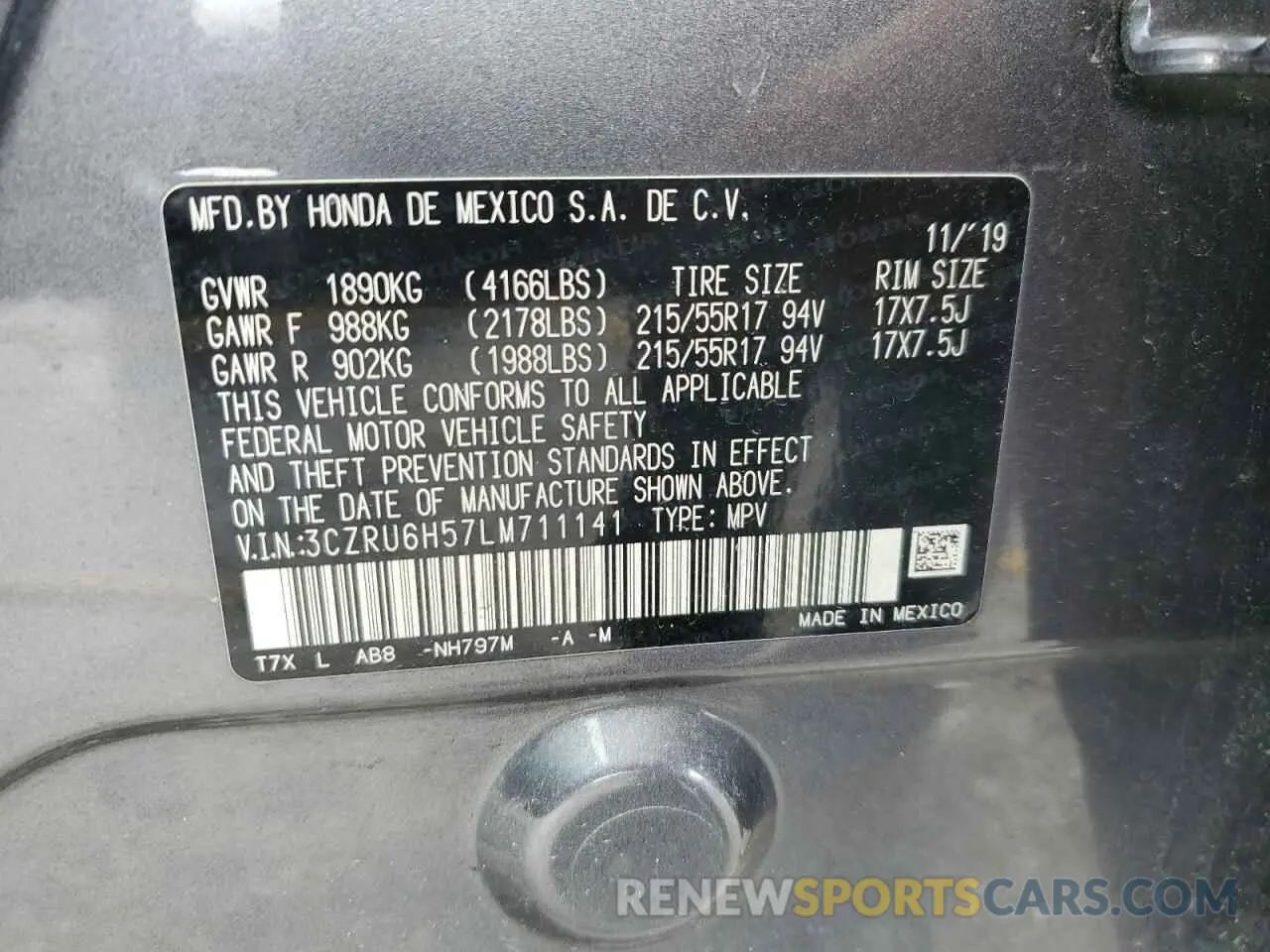12 Photograph of a damaged car 3CZRU6H57LM711141 HONDA HR-V 2020