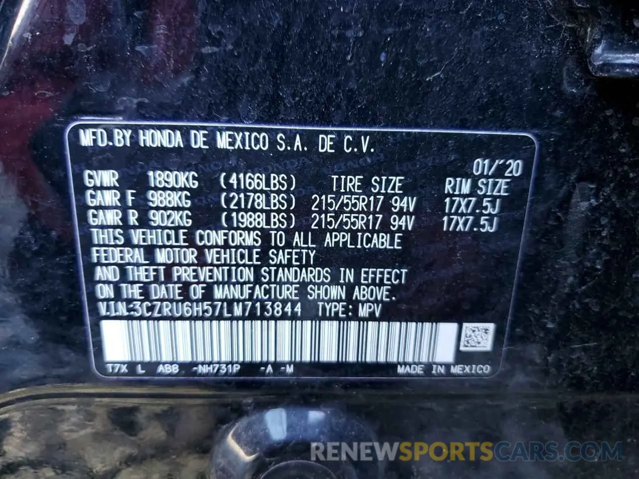 13 Photograph of a damaged car 3CZRU6H57LM713844 HONDA HR-V 2020