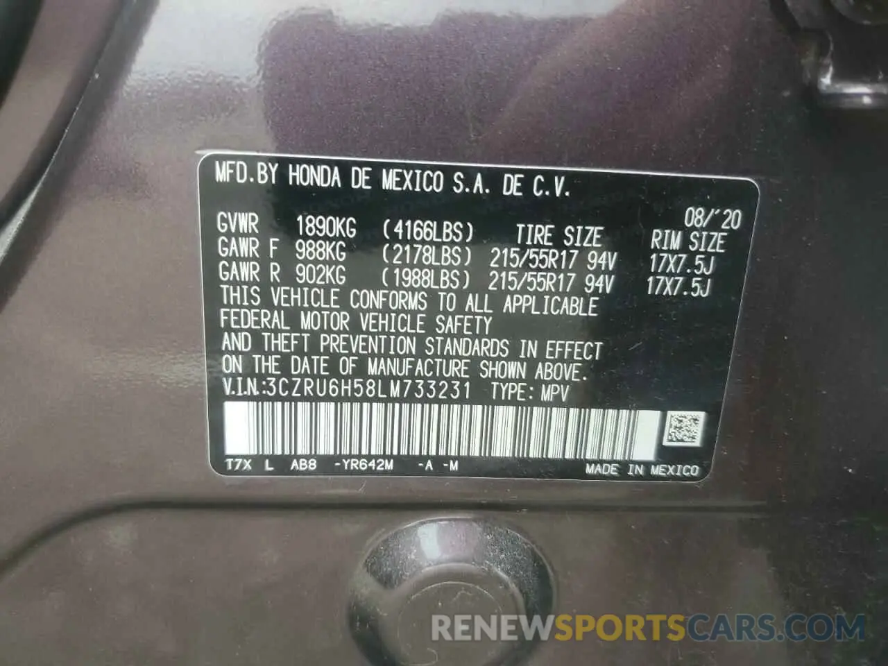 12 Photograph of a damaged car 3CZRU6H58LM733231 HONDA HR-V 2020