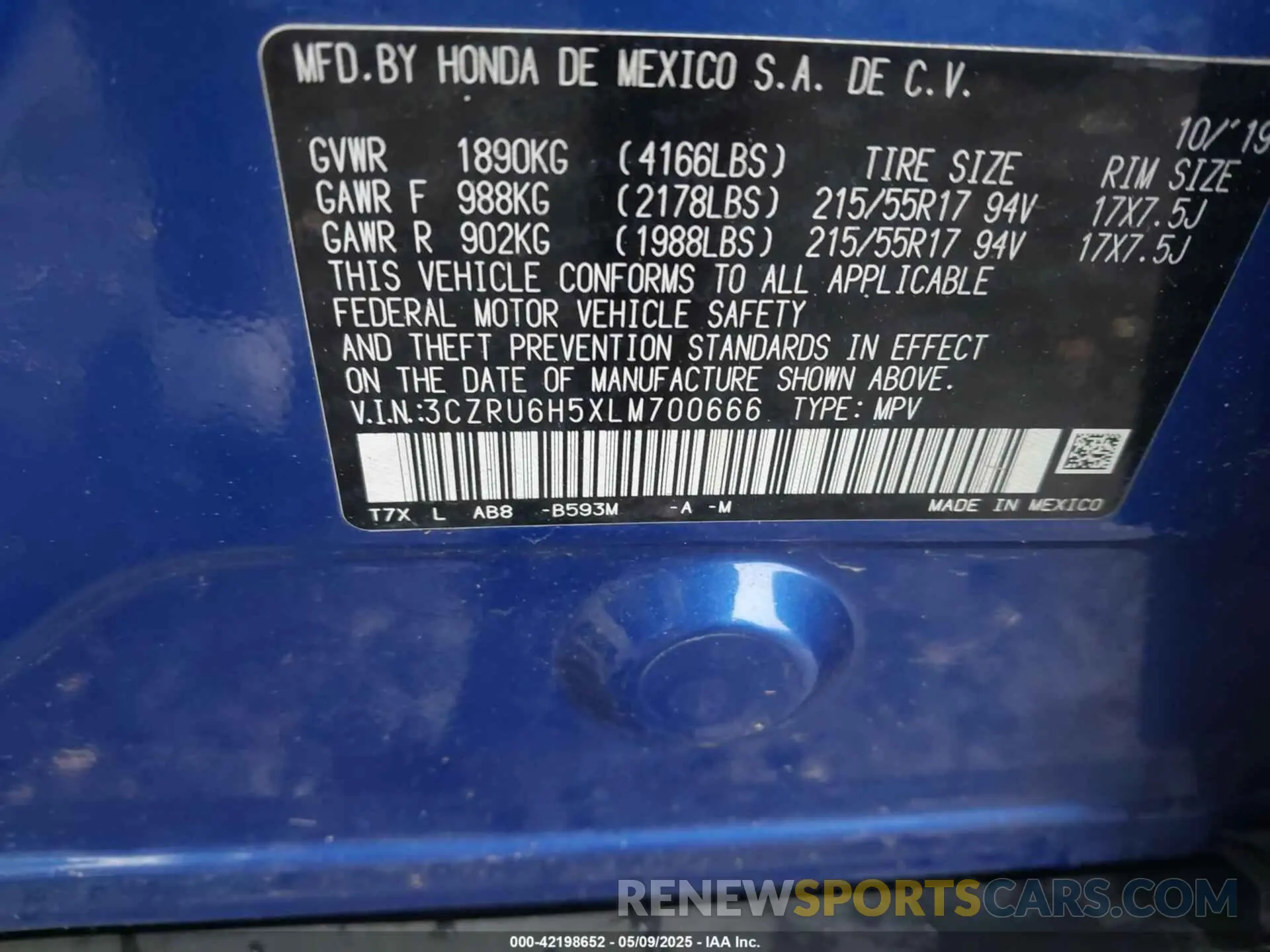 9 Фотография поврежденного автомобиля 3CZRU6H5XLM700666 HONDA HR-V 2020