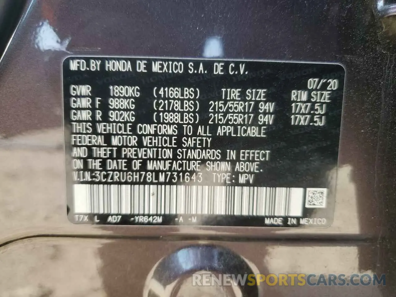14 Фотография поврежденного автомобиля 3CZRU6H78LM731643 HONDA HR-V 2020