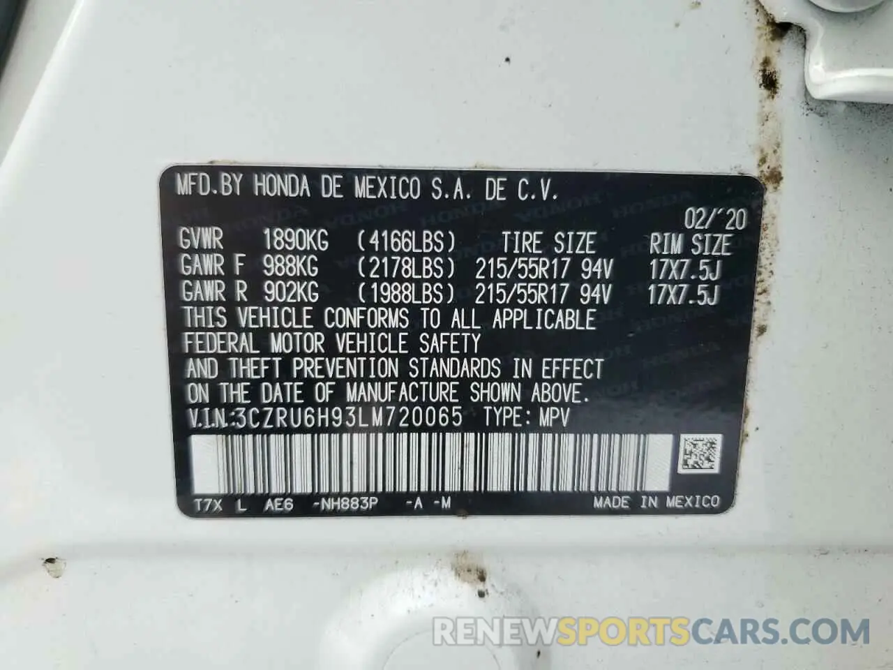 12 Фотография поврежденного автомобиля 3CZRU6H93LM720065 HONDA HR-V 2020