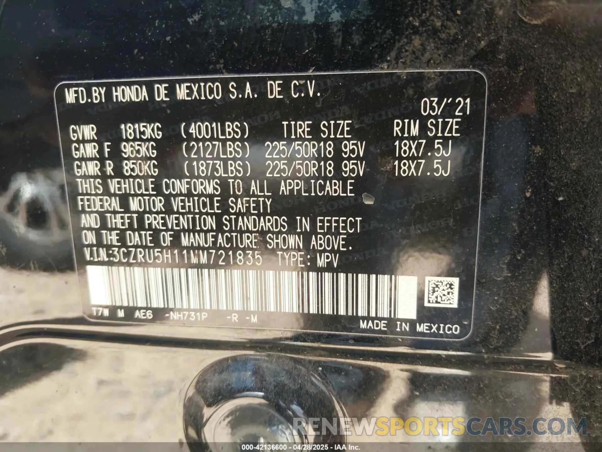 9 Фотография поврежденного автомобиля 3CZRU5H11MM721835 HONDA HR-V 2021