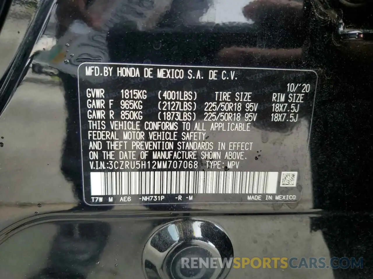 12 Photograph of a damaged car 3CZRU5H12MM707068 HONDA HR-V 2021
