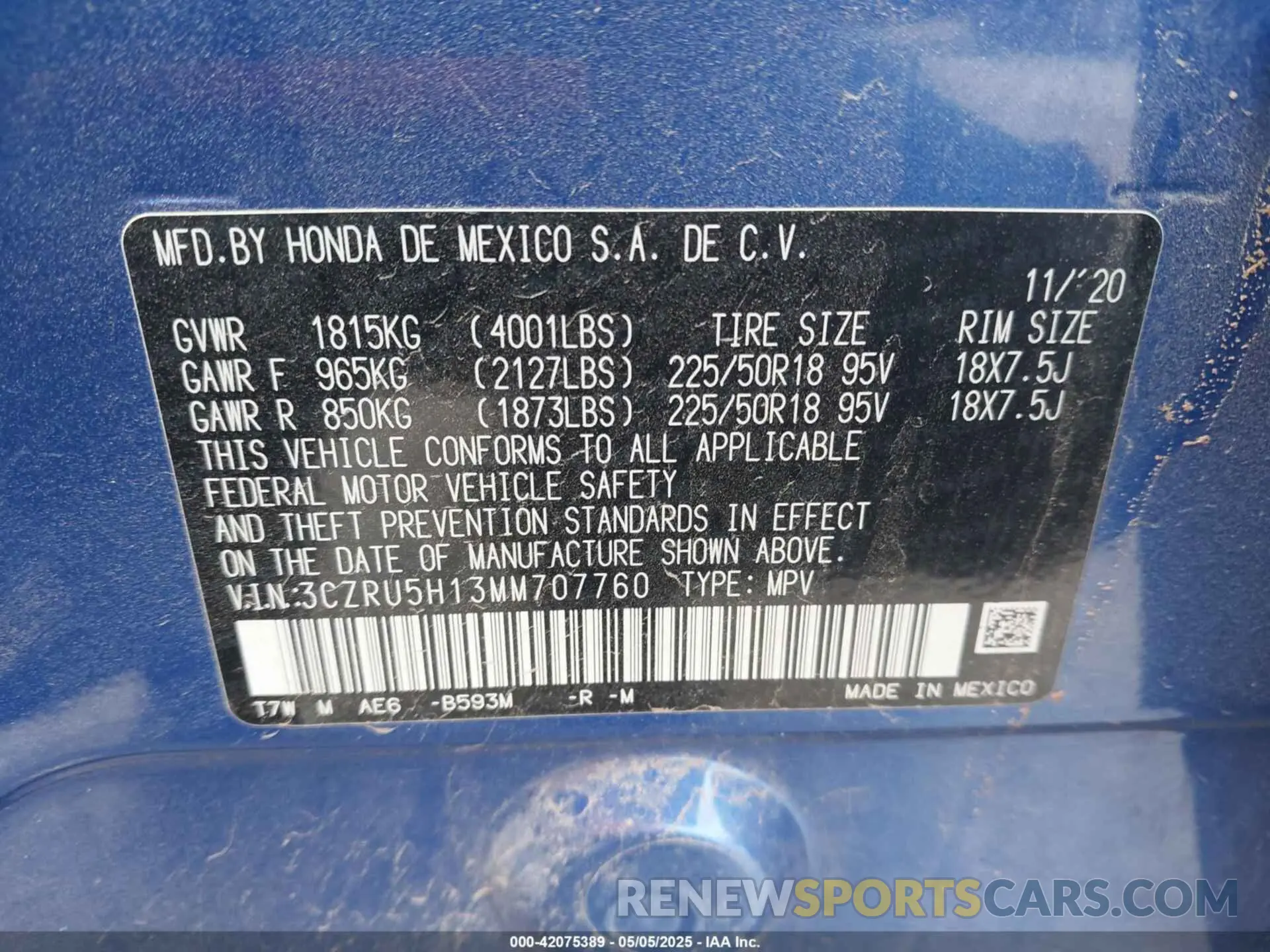 9 Фотография поврежденного автомобиля 3CZRU5H13MM707760 HONDA HR-V 2021