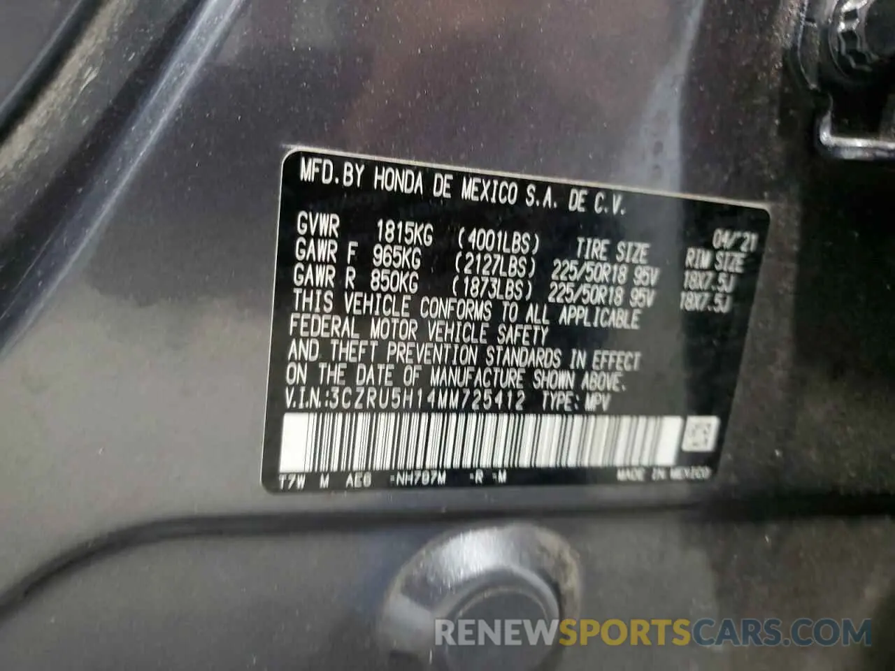 13 Фотография поврежденного автомобиля 3CZRU5H14MM725412 HONDA HR-V 2021