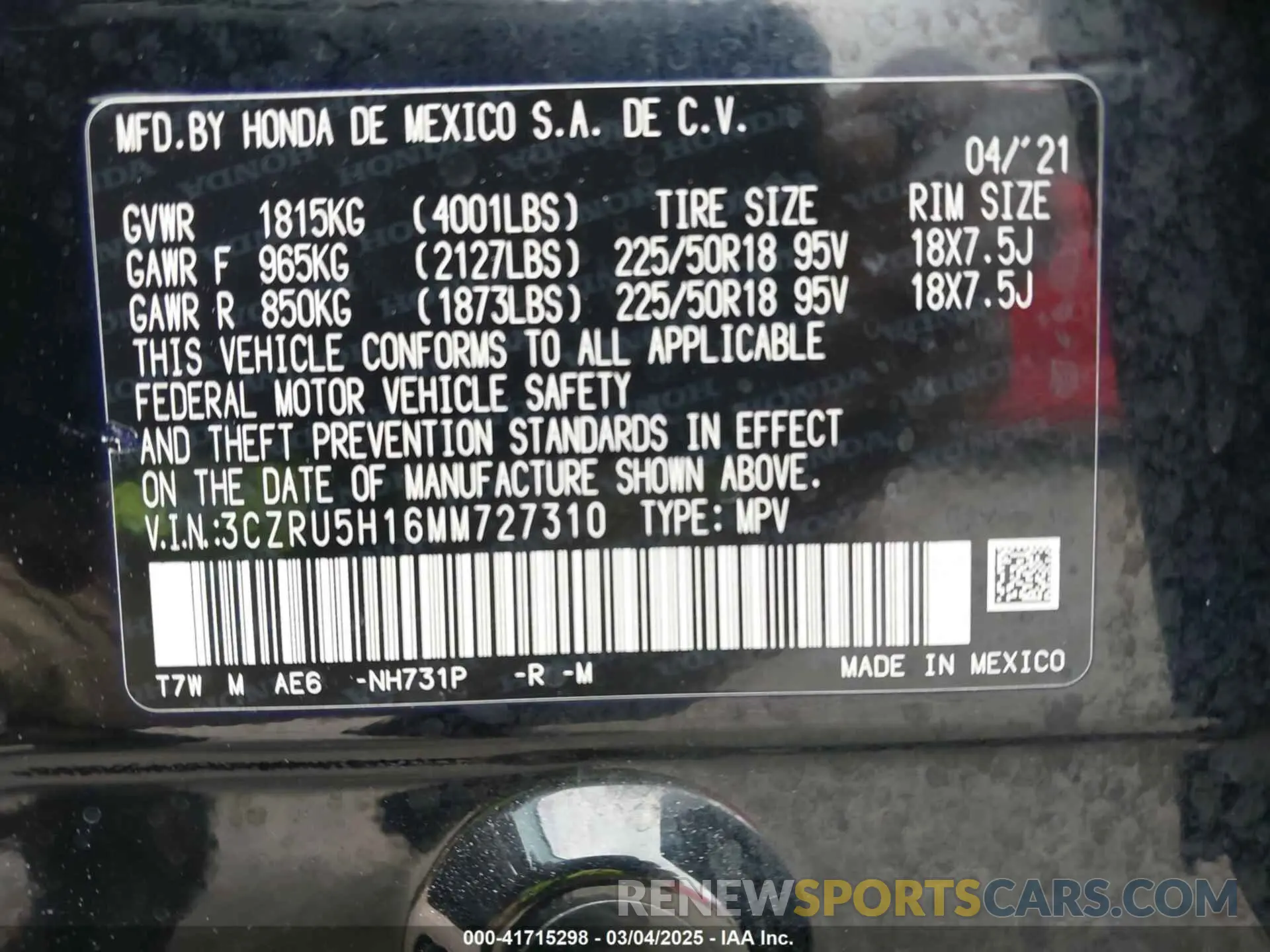 9 Photograph of a damaged car 3CZRU5H16MM727310 HONDA HR-V 2021