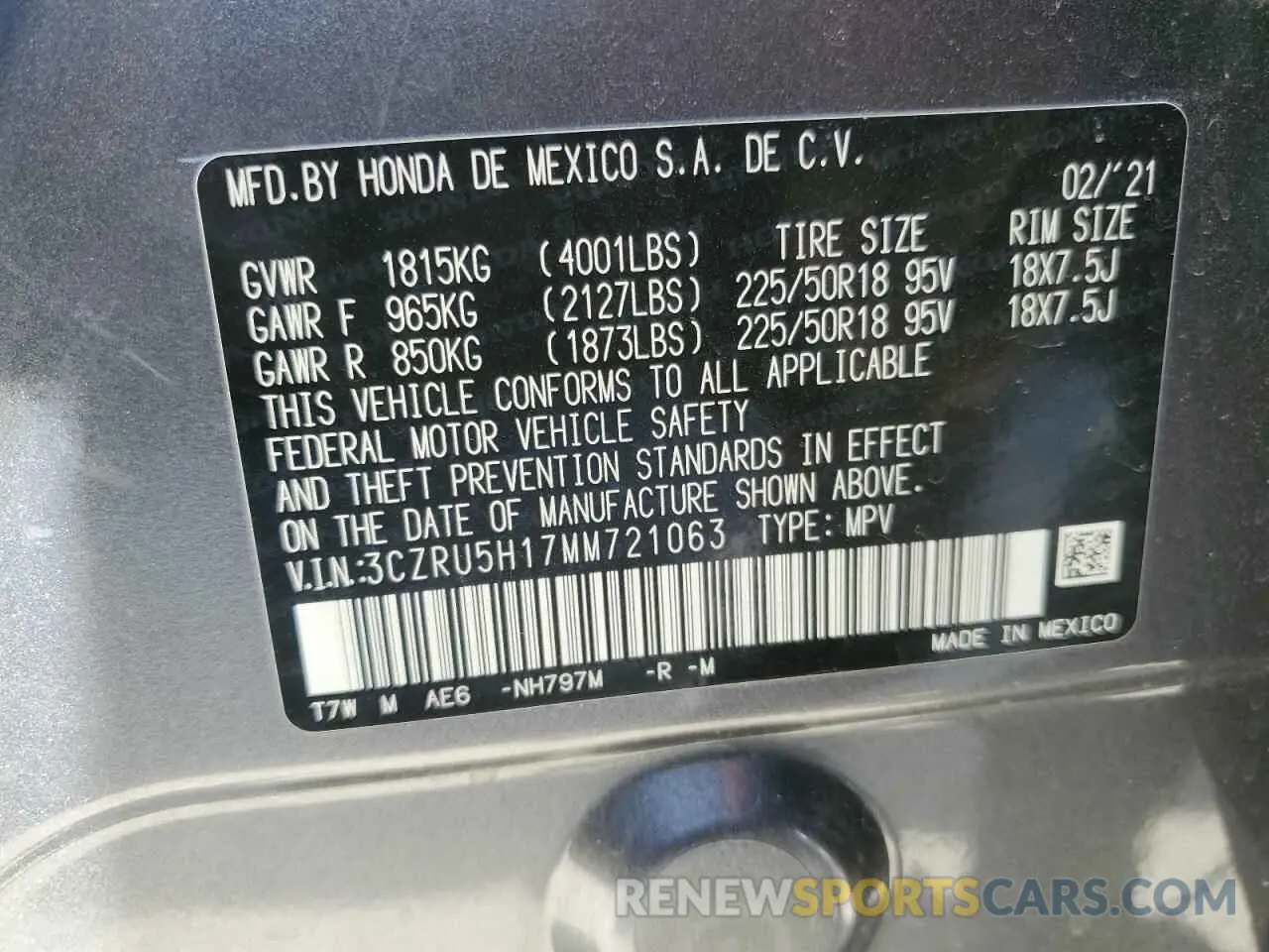 15 Photograph of a damaged car 3CZRU5H17MM721063 HONDA HR-V 2021
