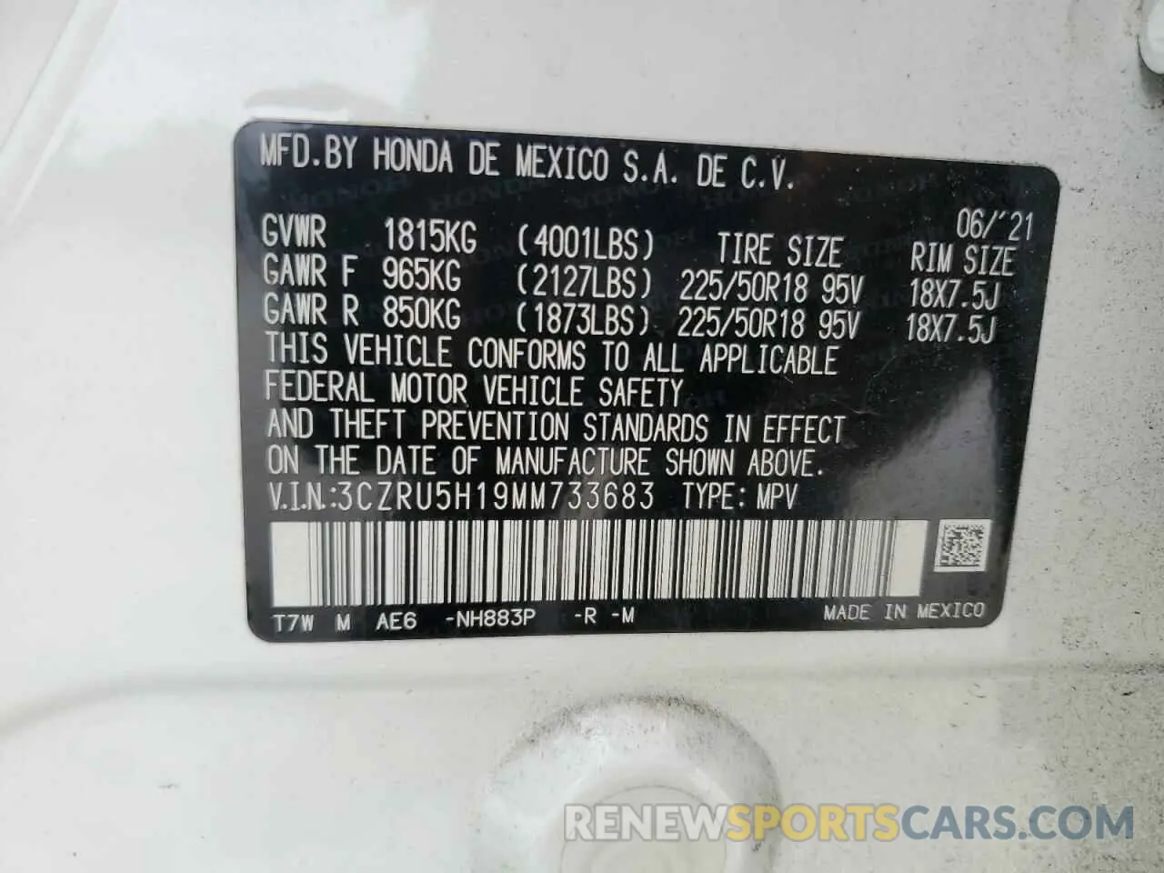13 Photograph of a damaged car 3CZRU5H19MM733683 HONDA HR-V 2021