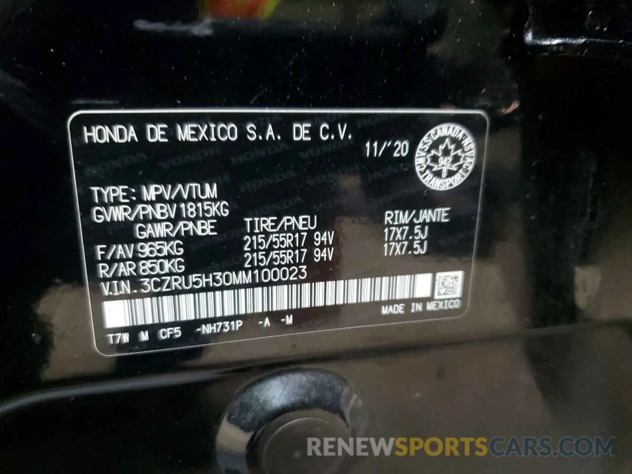 14 Photograph of a damaged car 3CZRU5H30MM100023 HONDA HR-V 2021
