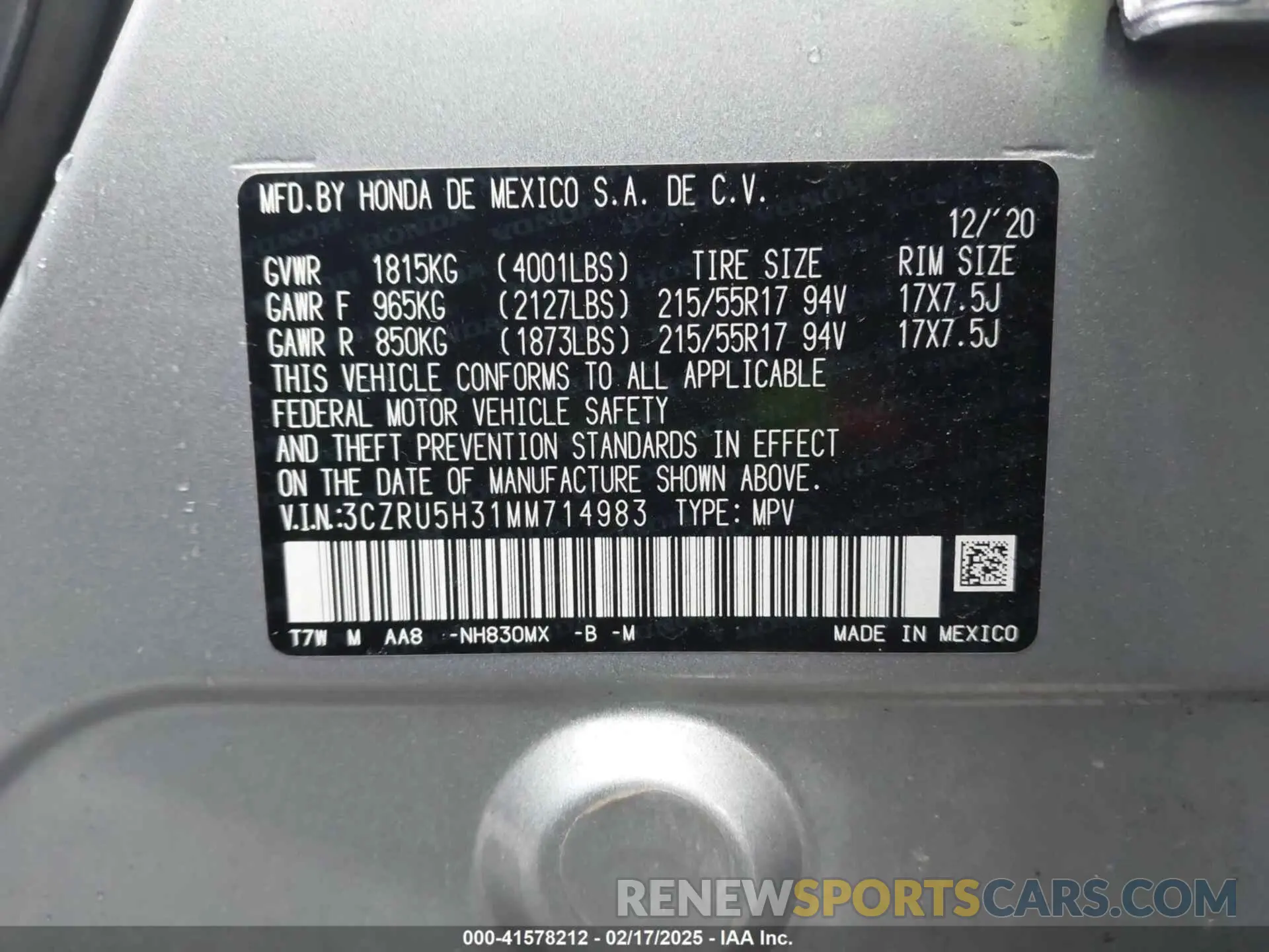 9 Фотография поврежденного автомобиля 3CZRU5H31MM714983 HONDA HR-V 2021